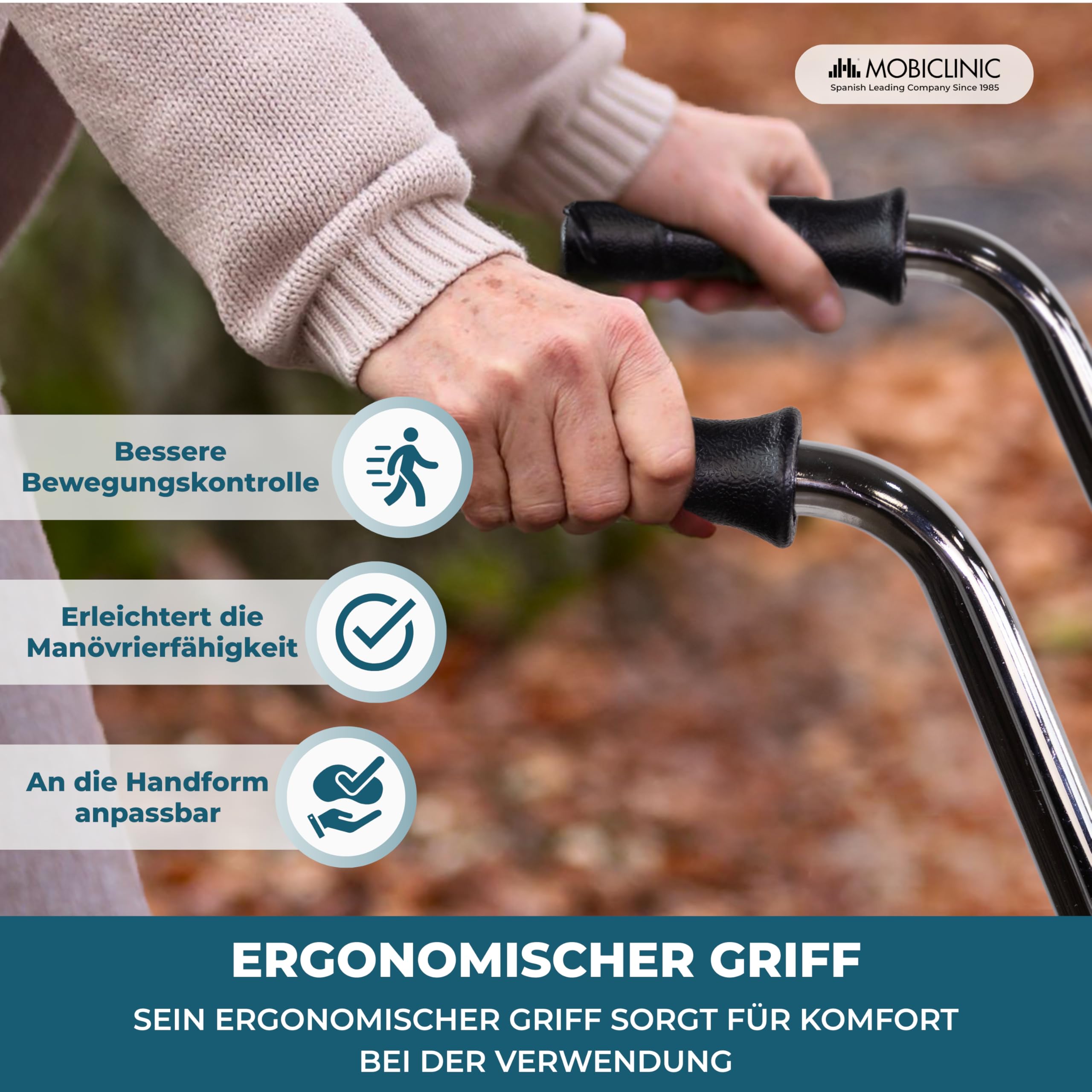 Mobiclinic®, Gehbock mit Rollen Klappbar, Höhenverstellbar, Faltbar und Leicht, Emérita, Gepolstertem Sitz, 2 Räder, Stabil, Max. 100 Kg, Ergonomische Griffe, Stahl, Blau