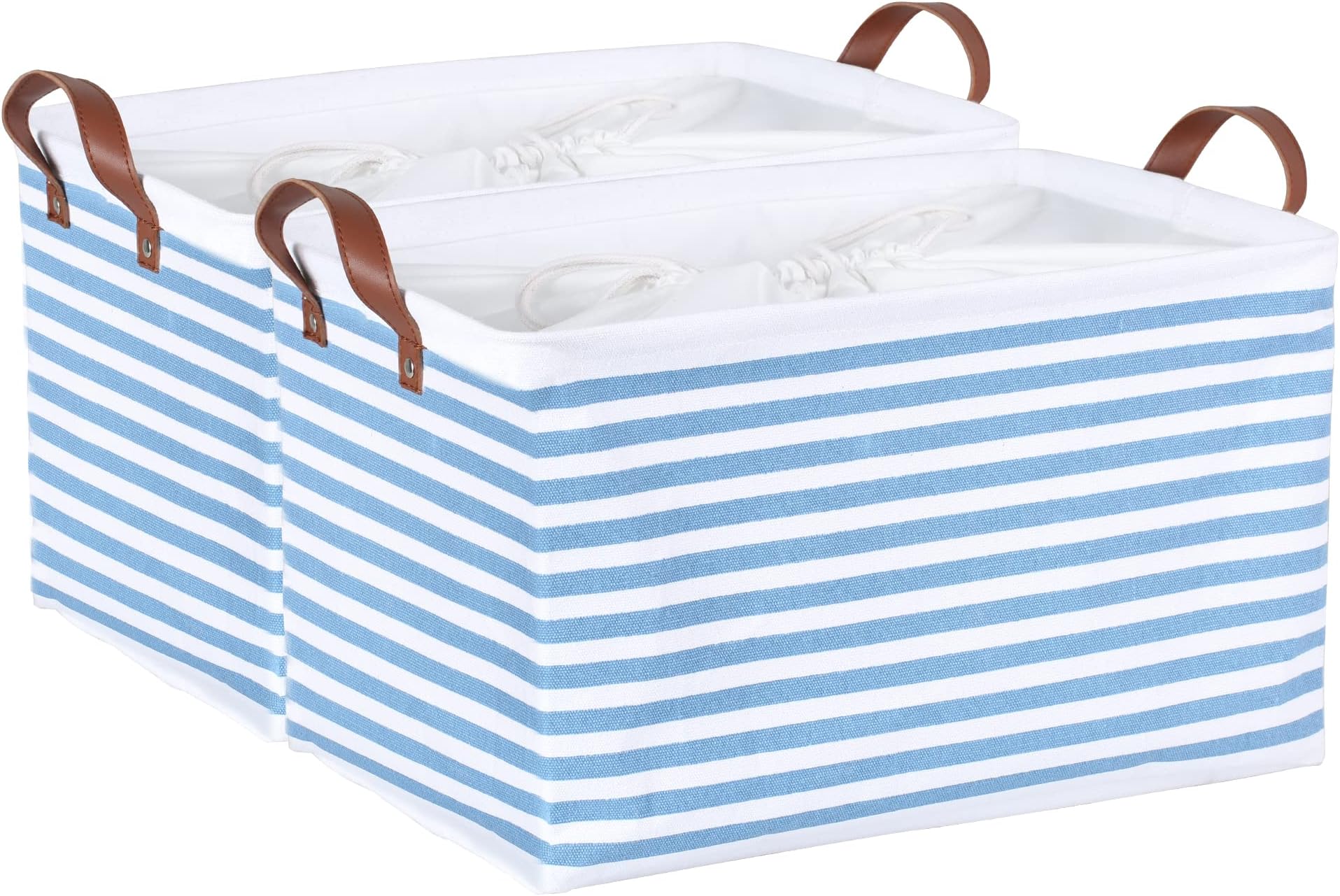 Extra Large Storage Basket organizer Fabric Storage Bin for shelf Closet Organizer Bin Collapsible Storage Box with PU Leather Handles and Drawstring Closure (Waterproof Lining, Blue Stripe,2Pack)