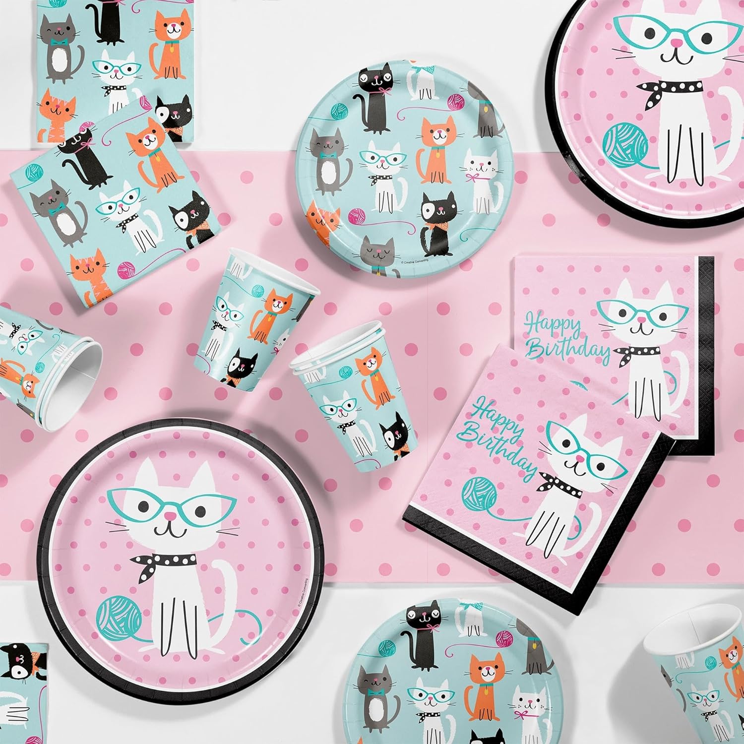 HOME & HOOPLA Cat Party Dinner Set for 16 Guests – Cat Plates with Napkins & Forks, Pink & Teal Cat Themed Party Supplies for Birthday, Baby Shower, Girls Party Decorations