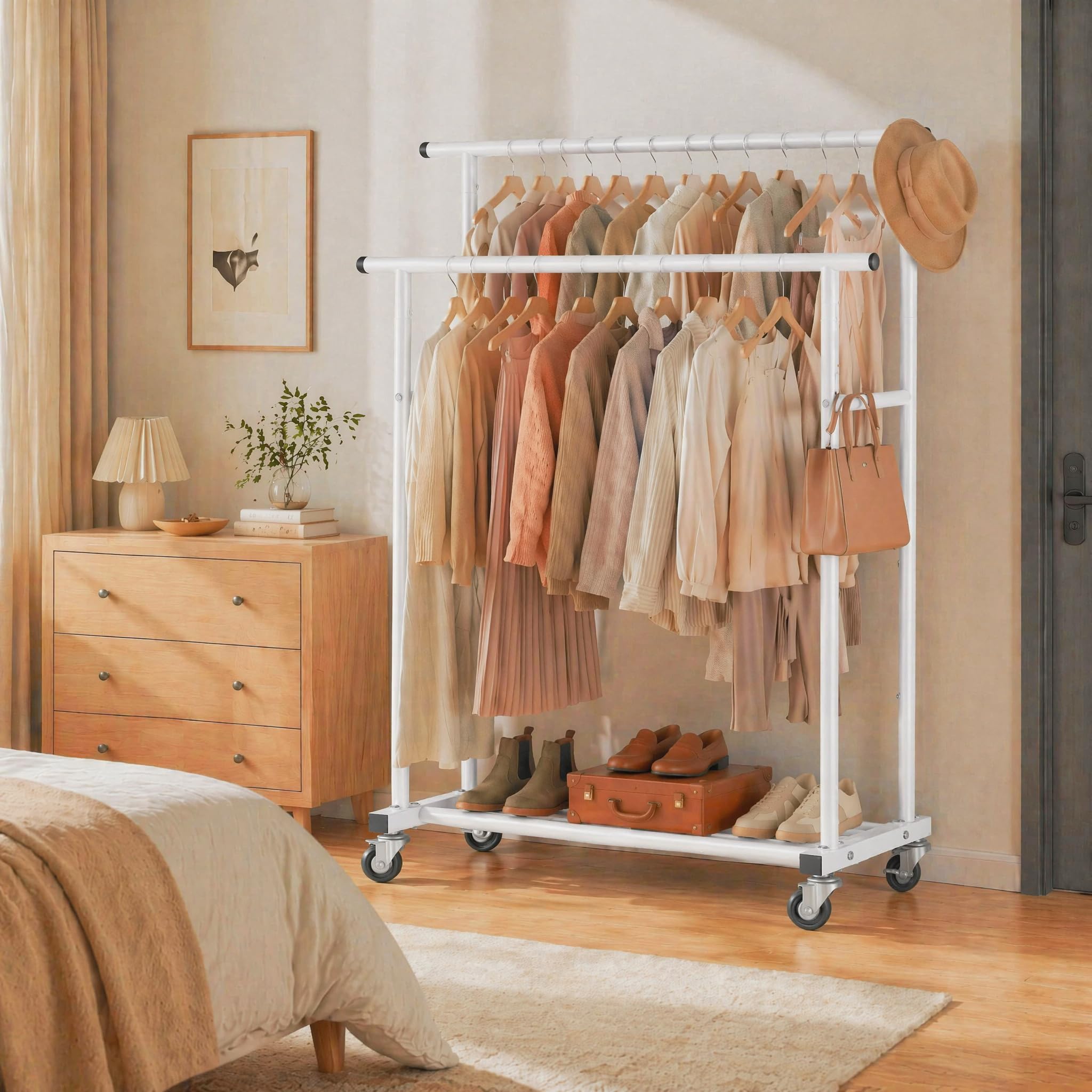 Calmootey Kleiderständer mit Doppelstange, rollbarer Kleiderständer, tragbarer Kleider-Organizer für Schlafzimmer, Wohnzimmer, Bekleidungsgeschäft, Weiß