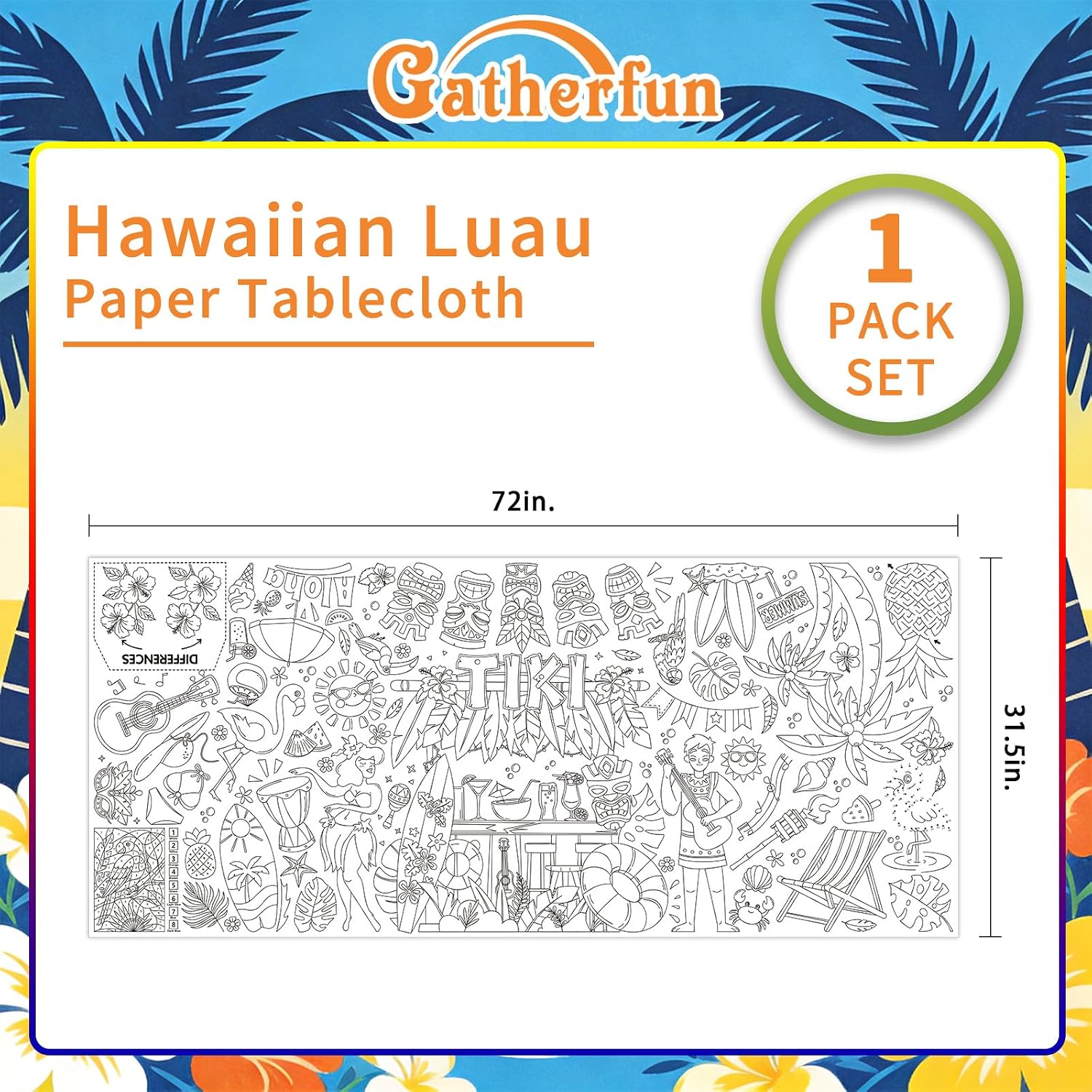 Gatherfun Hawaiian Luau Party Giant Coloring tablecloths, 31.5 x 72 Inches, Hawaiian Party Decorations, Tiki Party Decorations, coloring Table Cover for School Parties