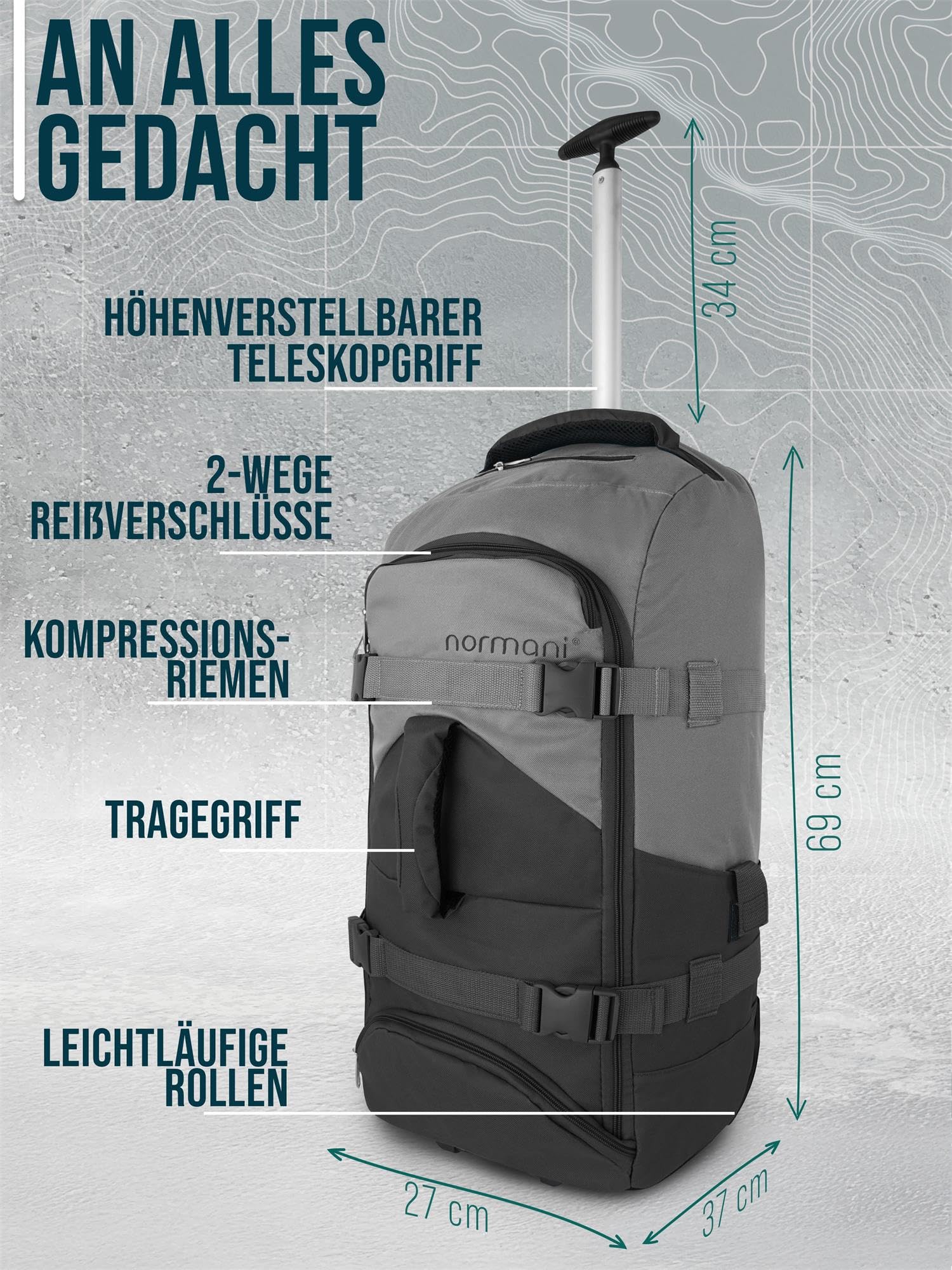normani Backpacker Reisetaschen-Rucksack mit Trolleyfunktion - Trolley mit Frontloader Funktion und vielen Taschen 60 Liter Farbe Schwarz/Grau