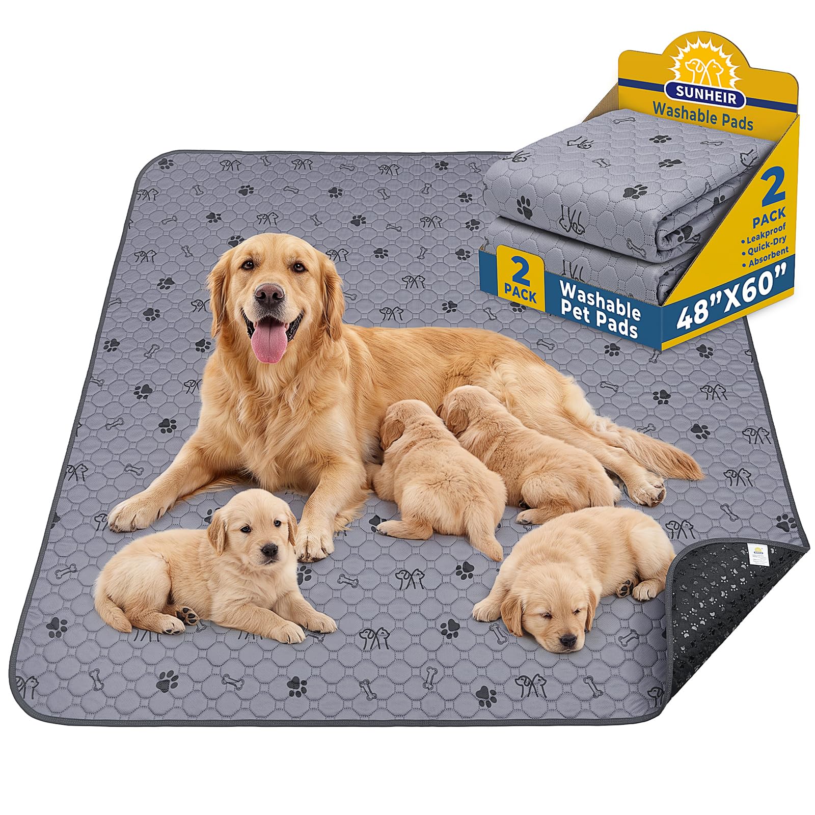 Sunheir Washable Pee Pads for Dogs, 2 Pack 48” x 60” Waterproof Puppy Pads