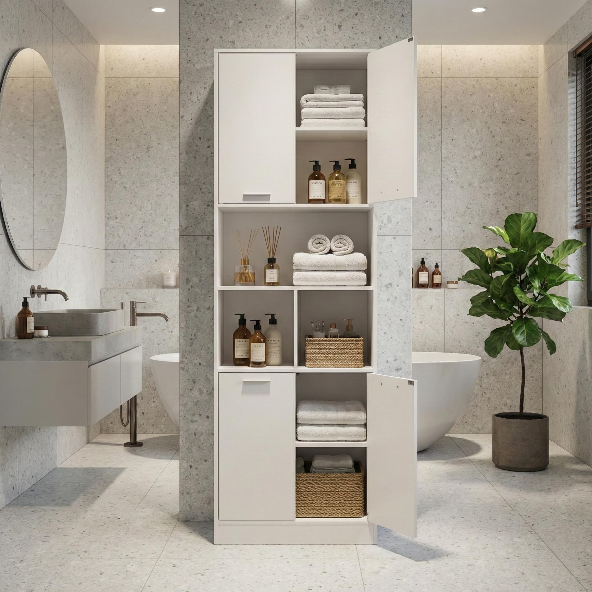 Küchenschrank Hochschrank (60x40x180,5 cm), Mehrzweckschrank mit 4 Türen & & 3 Fächern,verstellbaren Einlegeböden, Vorratsschrank für Küche, Badezimmerschrank & Wohnzimmerschrank, Weiß matt