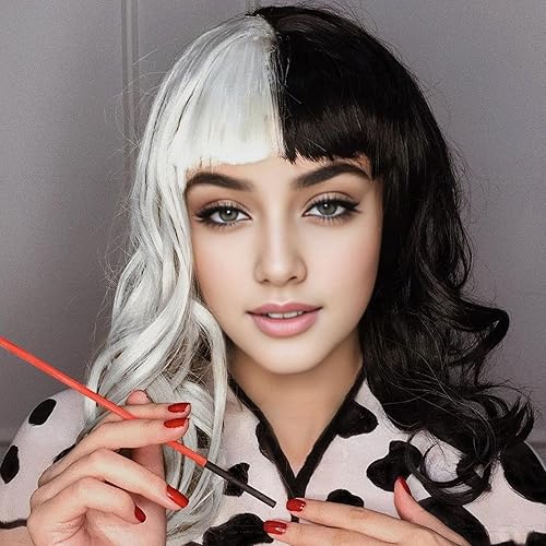 Miniatura 9 de AGPTEK Pelucas sintéticas onduladas para cosplay de 15.7 pulgadas, peluca de Cruella Deville, fibra resistente al calor, textura suave y lisa,