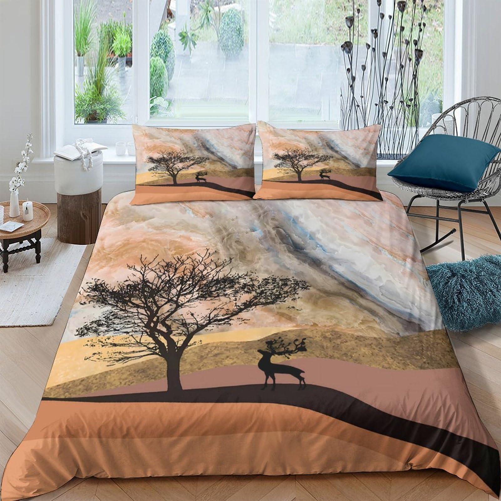 Ctjqhvkz Style-6 3D Printed Sunset Landscape Fitted Sheet Microfiber Soft Breathable Deer Tree Mattress Cover For Bedroom Decor Single（135X200cm）