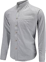 Dioufond Men's Banded Collar Oxford Shirt - 80% Cotton Breathable Mandarin Collar Long Sleeve Button-Down