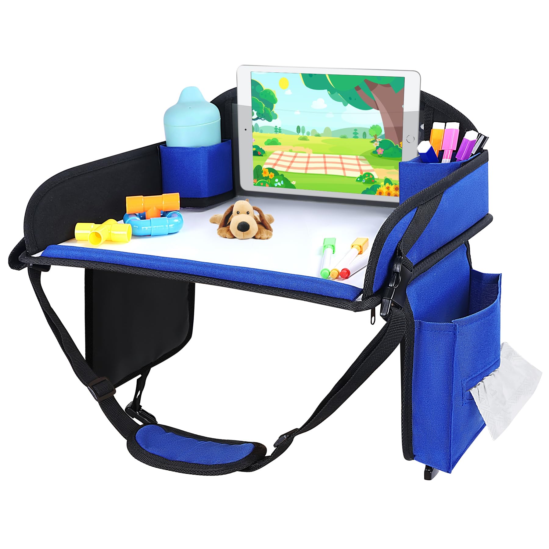 INFANZIA Table de voyage pour enfant - Plateau à genoux - Siège arrière avec crayons de couleur pour avion, train, voyage - Organiseur pliable