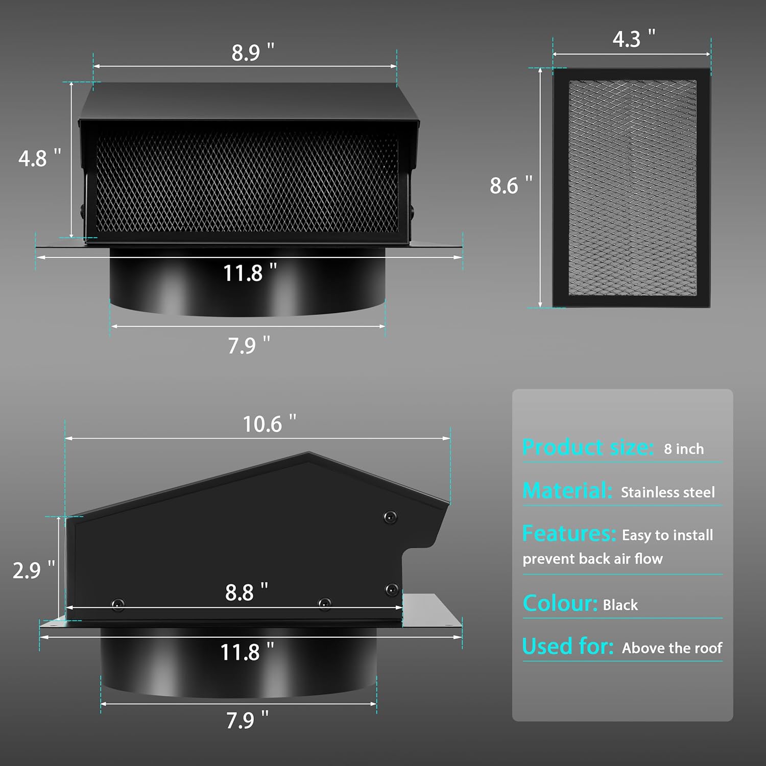 Roof Vent Cap, 8 Inch, Steel Roof Vent Cap, Removable, Roof Dryer Vent Cap for Ventilation with Damper, Black
