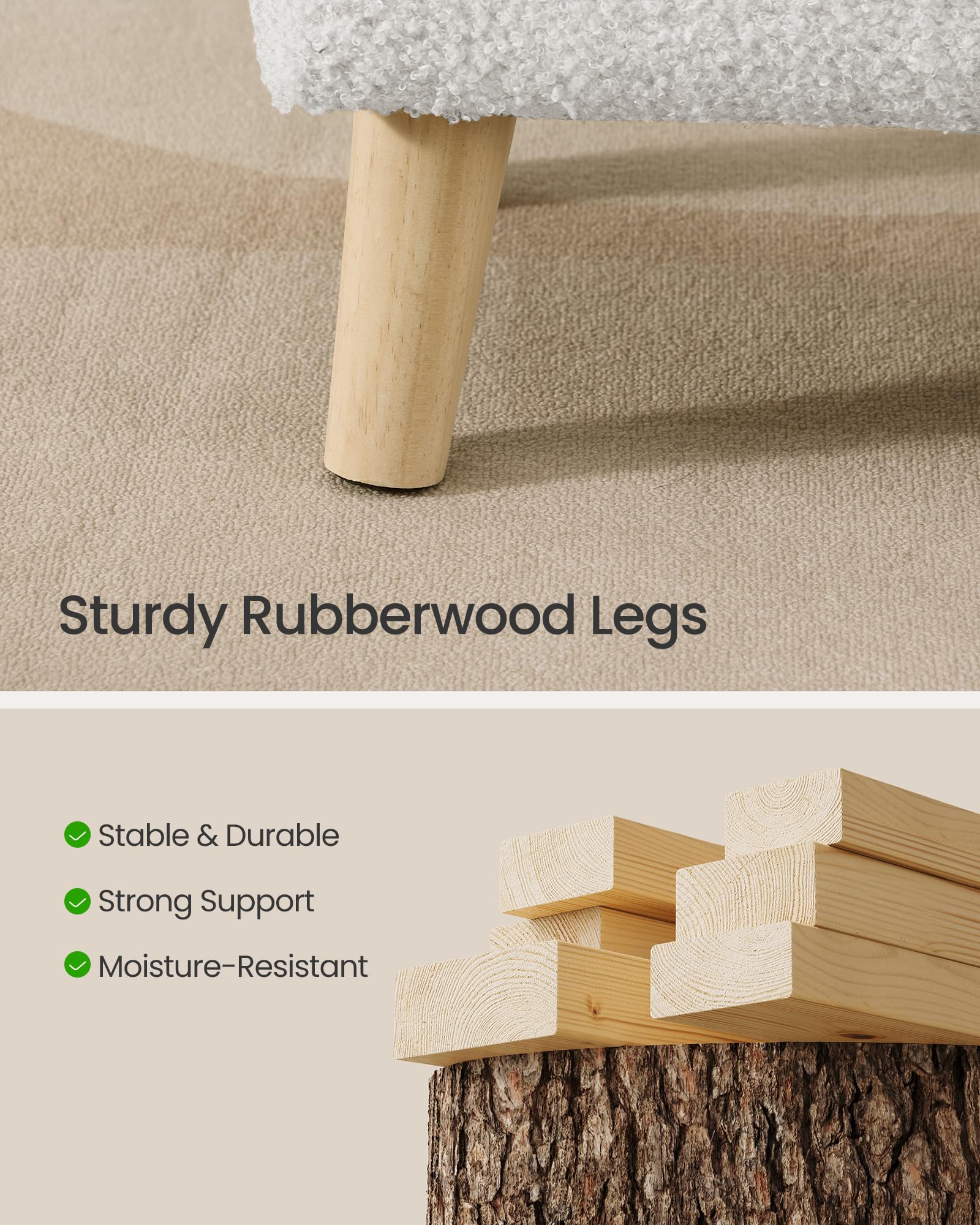 SONGMICS Storage Ottoman, Foot Stool, Ottoman with Padded Seat, Foot Rest with Wood Legs, Small Table, for Hallway, Living Room, 30 x 40 x 30 cm, Teddy Fleece, Cream White ULOM518WD01 — view 6