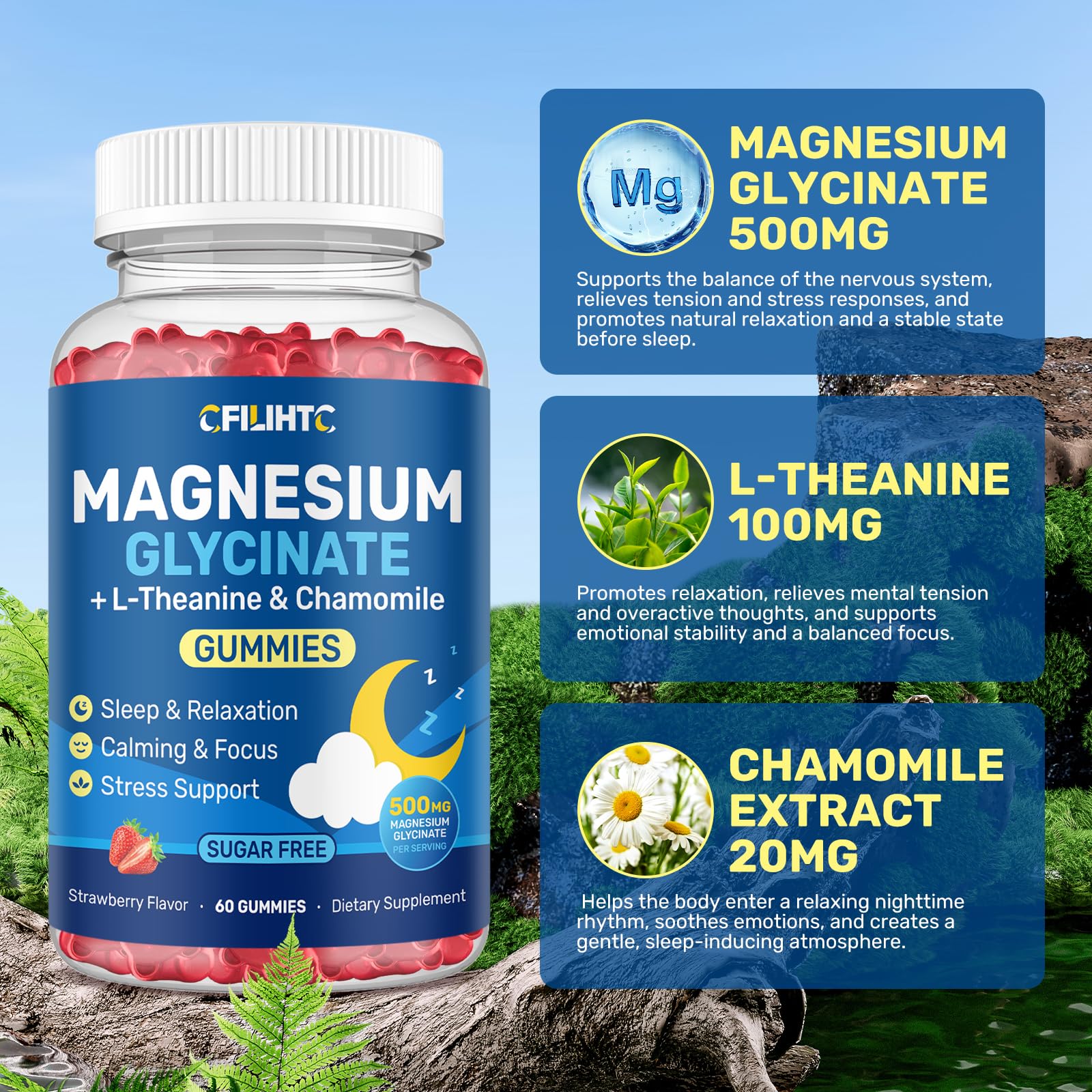 Magnesium Glycinate Gummies 500mg with L-Theanine & Chamomile for Calm, Sleep, Stress Relief, Sugar Free, Vegan, Non-GMO - Strawberry Flavor, 60 Count — Amazon image 3