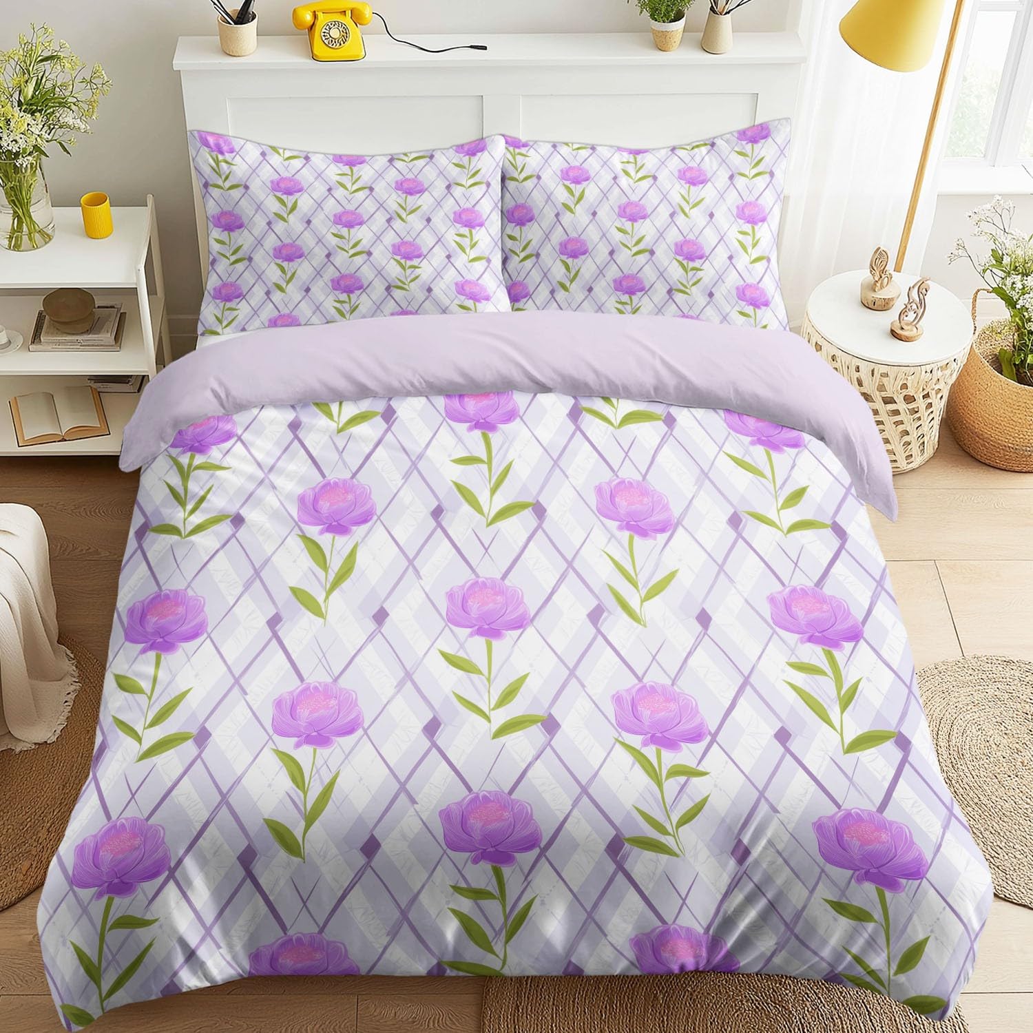 Parure de lit vintage 140x200 housse de couette style campagne lilas fleurs violettes lit 90x190