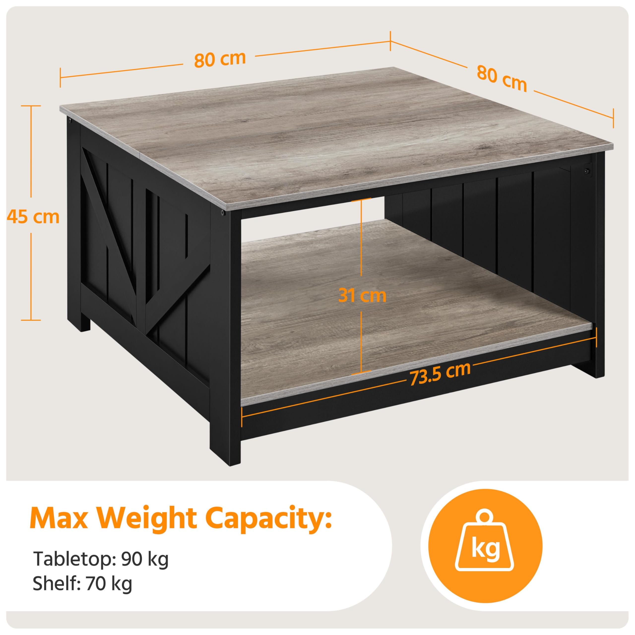 Yaheetech Mesa de Centro con Revistero Mesita Baja Sofá | Mesa de Café de Madera MDF para Salón Sala de Estar Negro Gray 80×80×45 cm