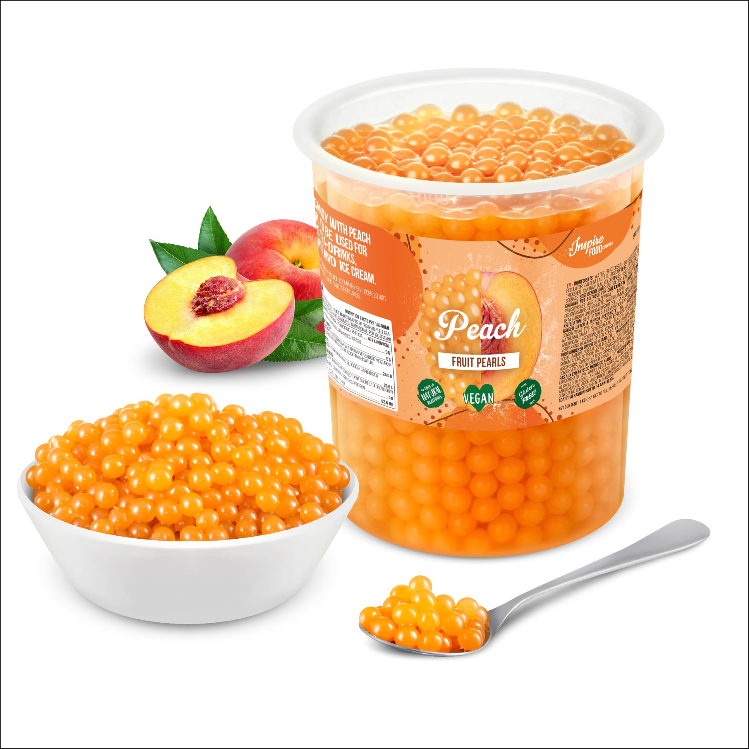 The Inspire Food Company Popping Boba Pearls for Bubble Tea - 1 KG | Peach | Bursting Pearls Bubble | Real Fruit Juice For Shakes, Dessert,Smoothie | 100% Vegan & Glutenfree, No Artificial Colors