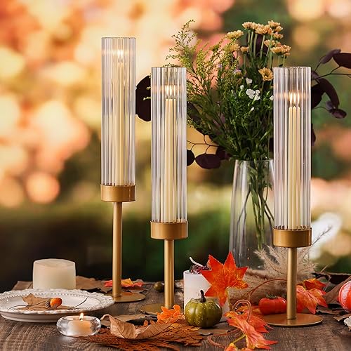 Miniatura 3 de Volens Portavelas de cristal dorado Hurricane juego de 6 portavelas cónicos con cilindro acanalado de 11 pulgadas de alto, cubierta de chimenea