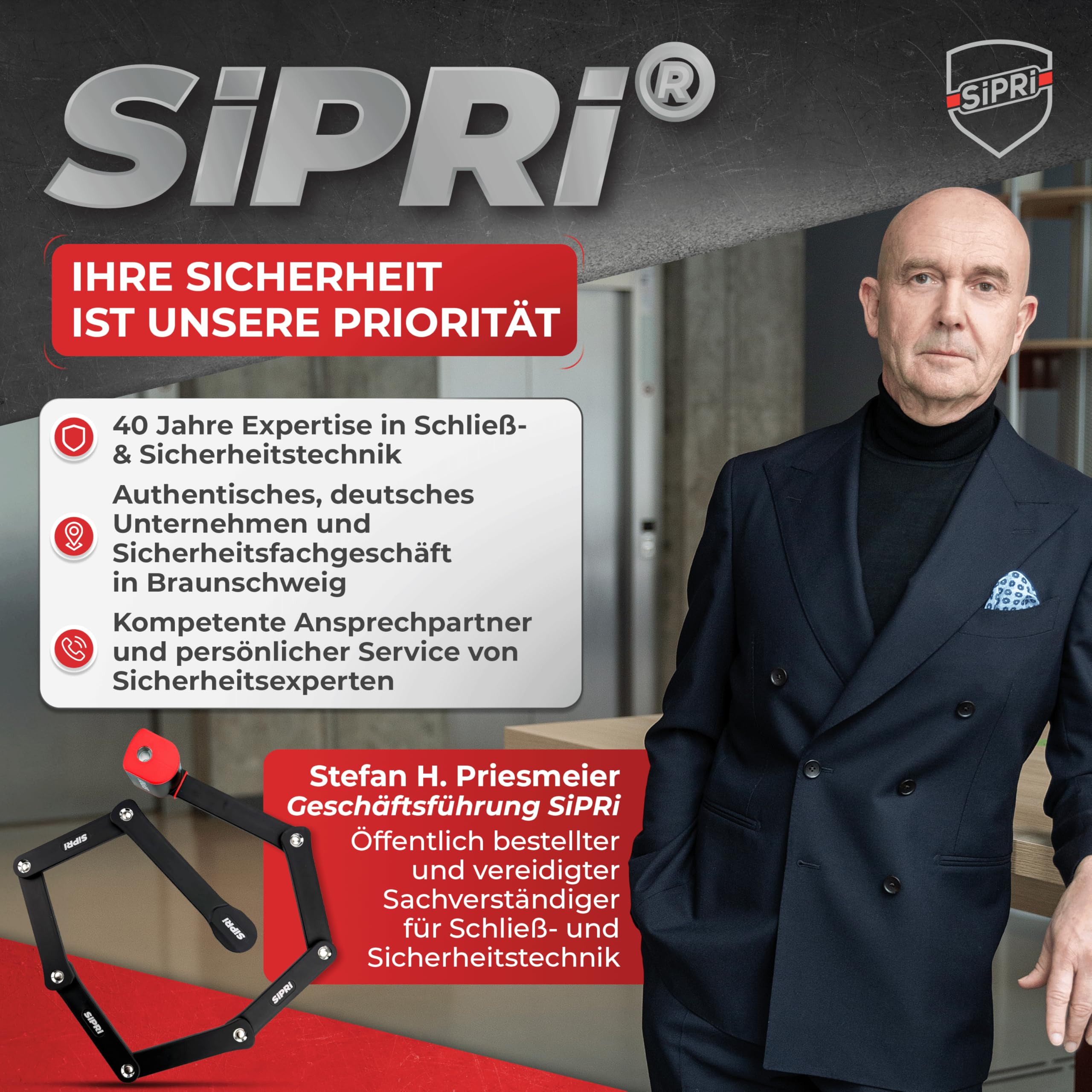 SIPRI® Faltschloss Fahrradschloss mit Alarm 120 dB | Faltbares Fahrradschloss hohe Sicherheit für E-Bike, E-Scooter & Motorrad | 8 mm Stahl, 116 cm, wetterfest, robustes Schloss mit Schlüssel