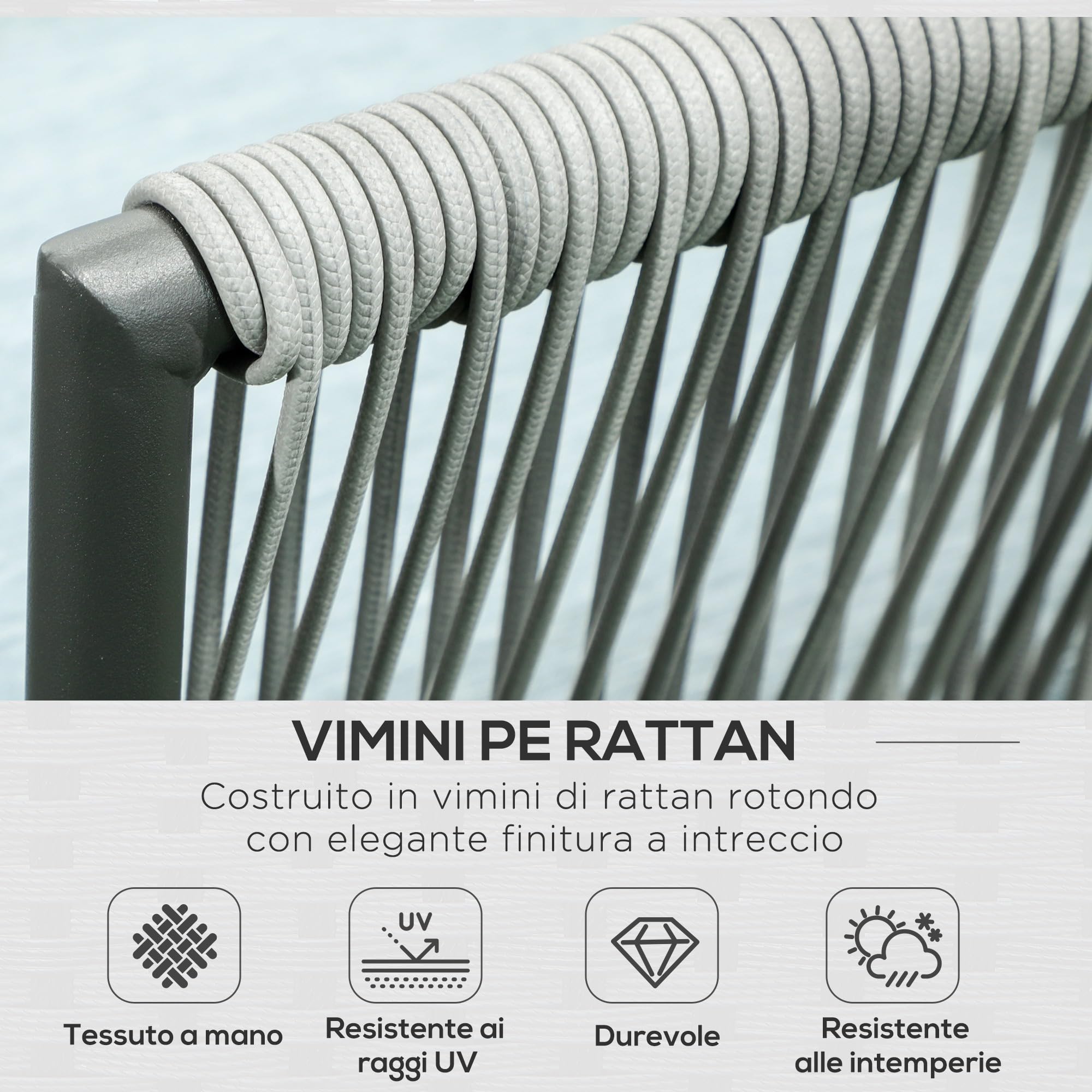 Outsunny Set da Giardino 4 Pezzi in Rattan e Alluminio, Set da Esterno con Tavolino da Caffè, 2 Divani ad Angolo e Poltroncina, Nero Grigio e Blu | Set da Esterno, Tavolino da Caffè, 2 Divani ad Angolo, Poltroncina
