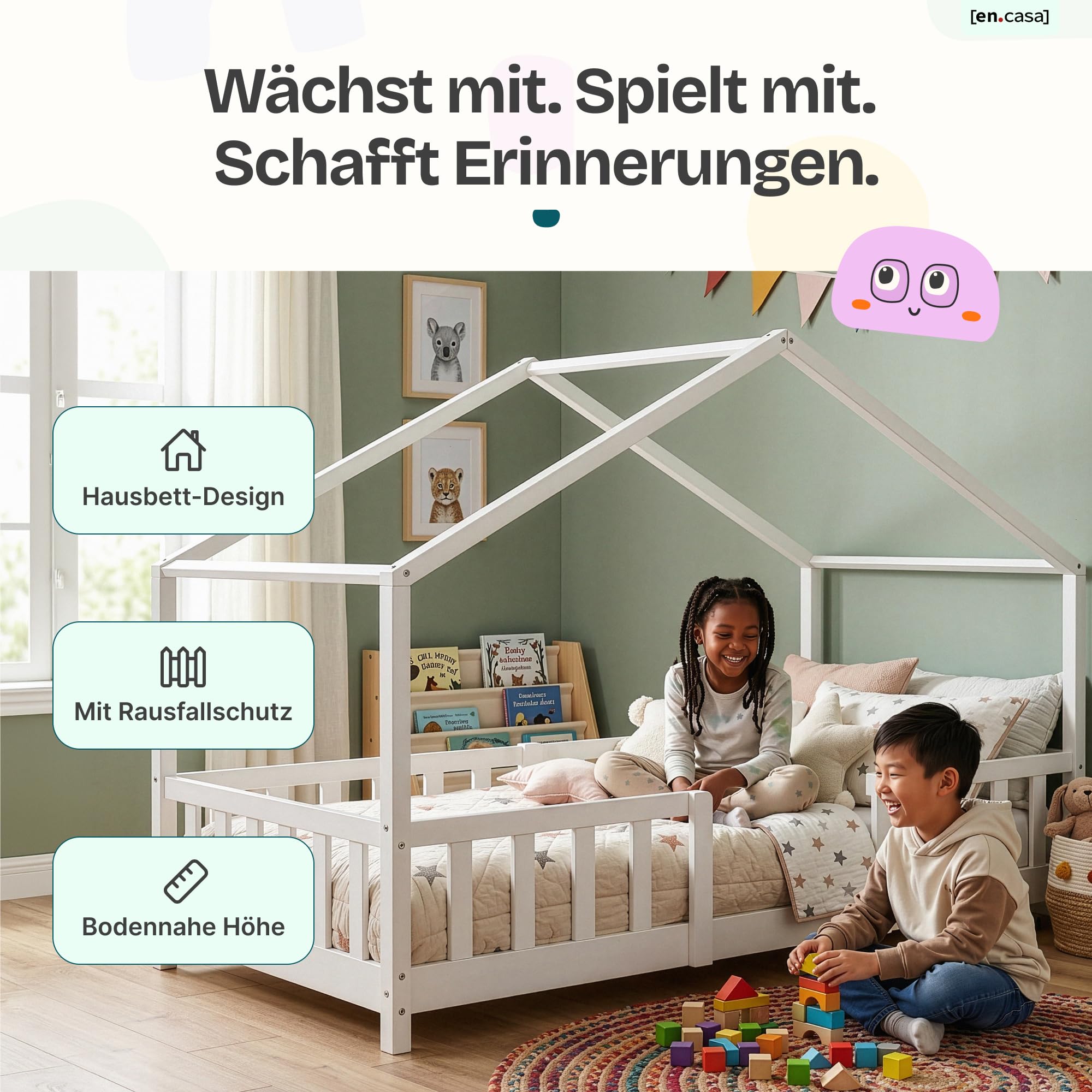 [en.casa] Kinderbett Treviolo 90x200 cm Weiß | Hausbett, Montessori, Holzbett für Kinder, Bettgestell mit Lattenrost, Kiefernholz
