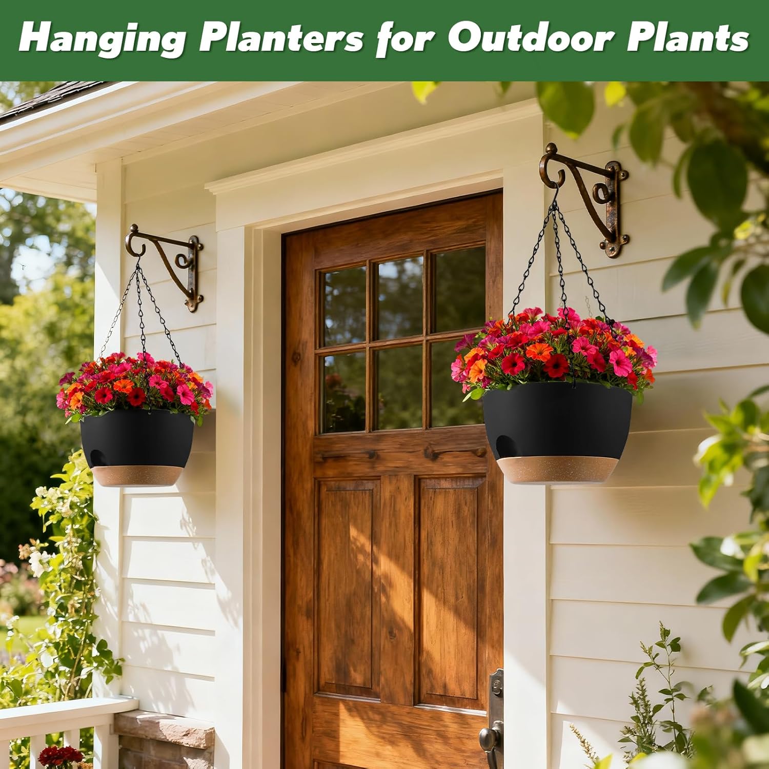 4-Piece Set of 8-Inch Hanging Planters with Automatic Watering System and Drip Tray, Includes Metal Chain, Suitable for Various Indoor and Outdoor Plants and Flowers, Black-Brown