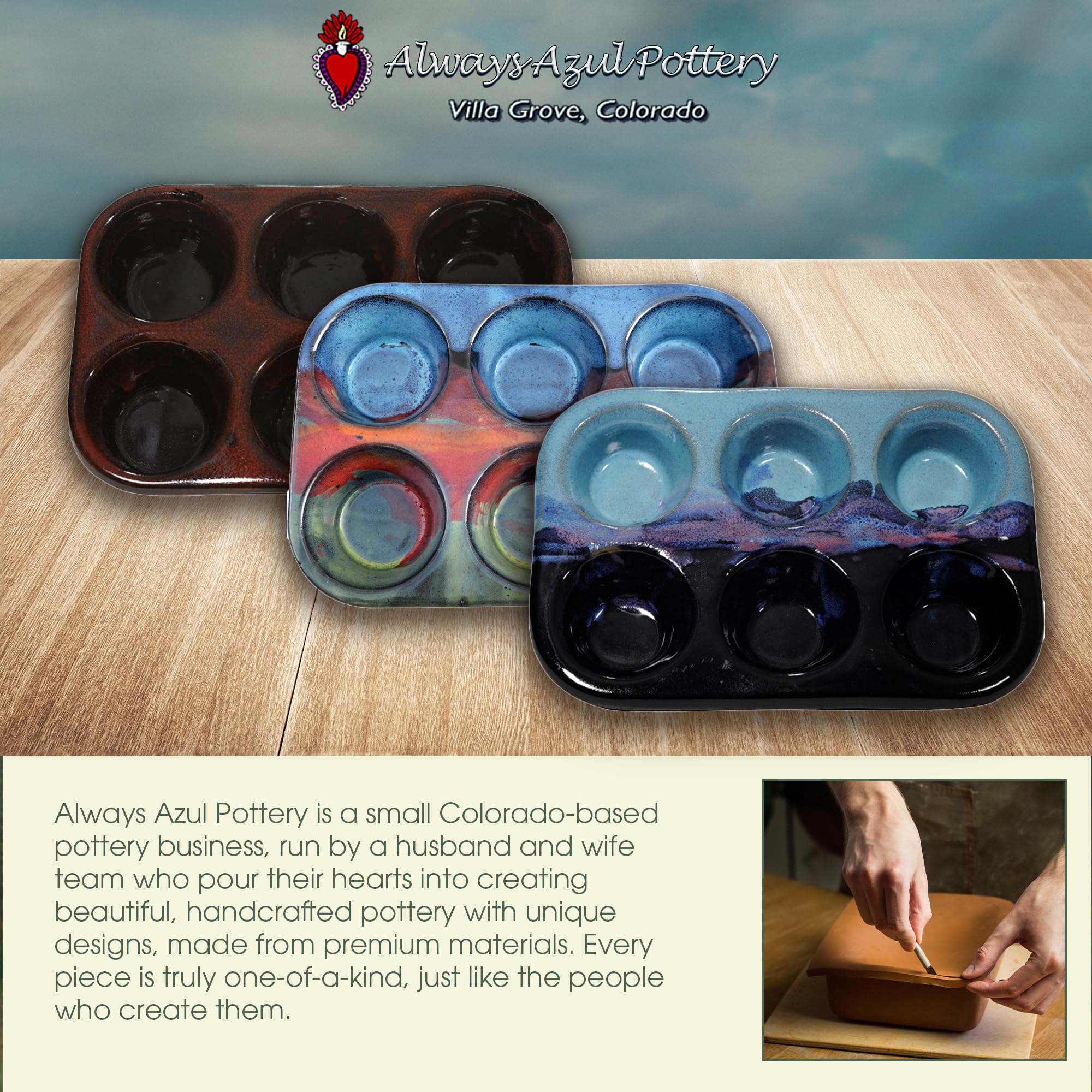 ALWAYS AZUL POTTERY 6 Cup Muffin Pan in Mountainscape Glaze - Handmade Durable Stoneware for Baking - Microwavable Bakeware - Pottery Baking Dish for Muffins, Cupcakes & More