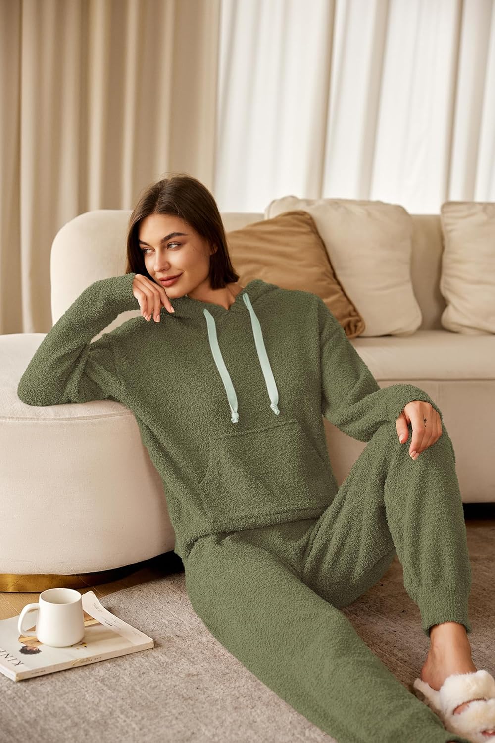 Panadila Womens Fuzzy Lounge Set 2 Piece Outifts Oversized Fleece Pajama Set Long Sleeve Hoodie and Joggers with Pockets - Image 6
