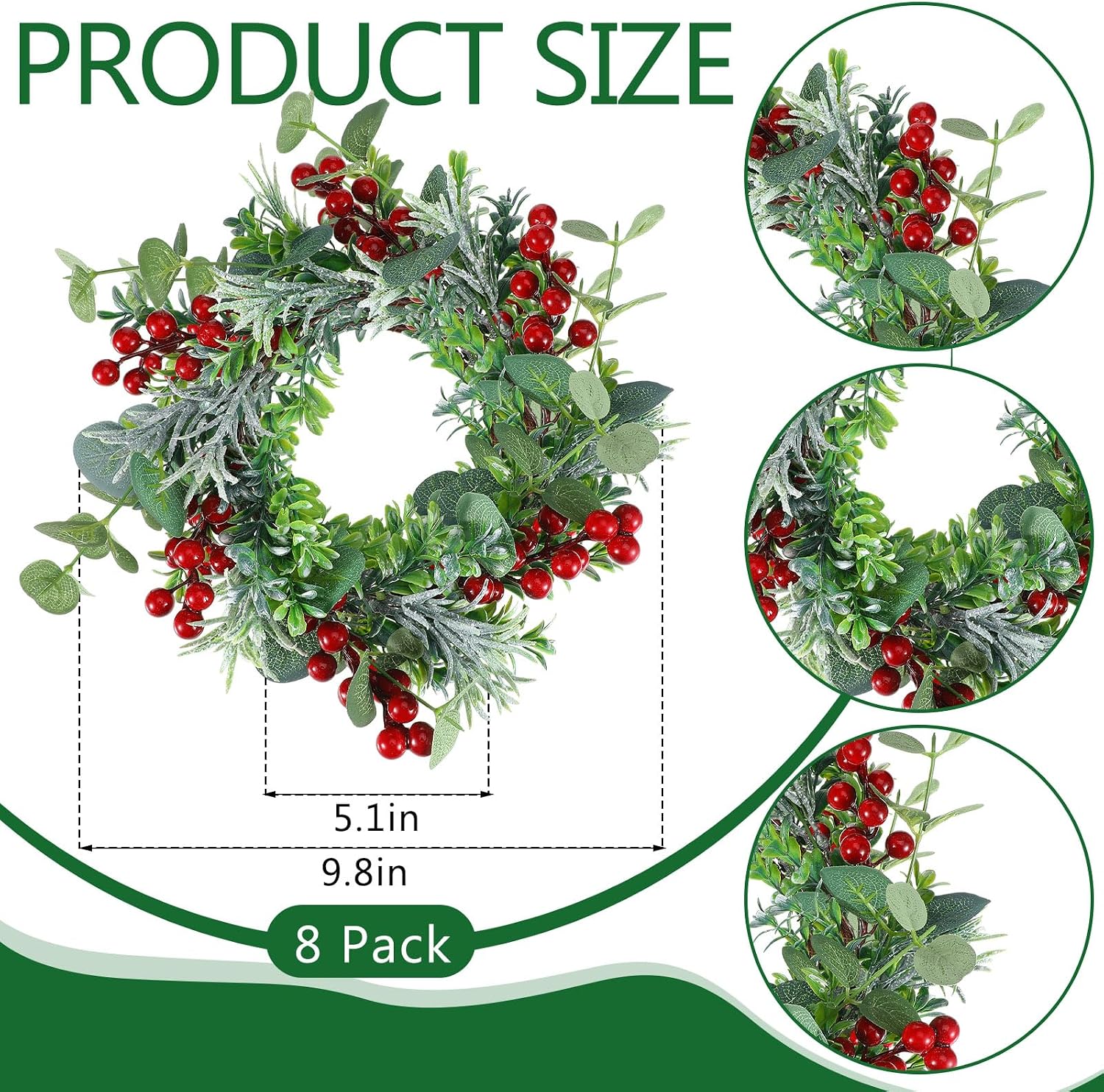 Daifunli 8 Pcs Mini Wreaths for Kitchen Cabinets 10 Inch Christmas Candle Rings Wreath with Artificial Red Berries Eucalyptus Leaf Table Centerpiece Decor for Front Door Wall Chairs Stairs Windows