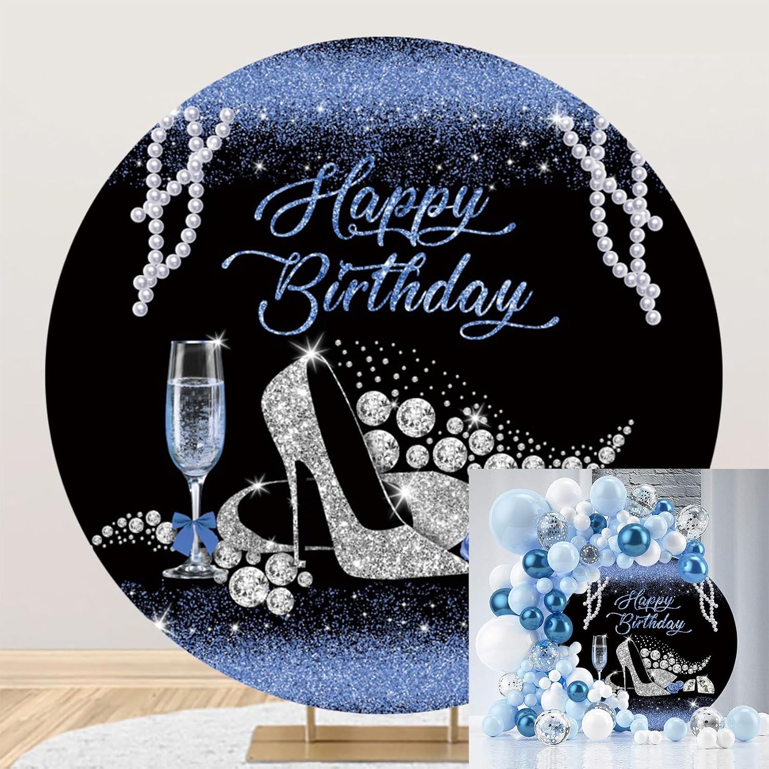Polyester Diameter 6.5ft Happy Birthday Round Backdrop for Girls High Heels Pearls Glitter Blue Diamonds Stilettos Photo Background Birthday Party Booth Photography Props