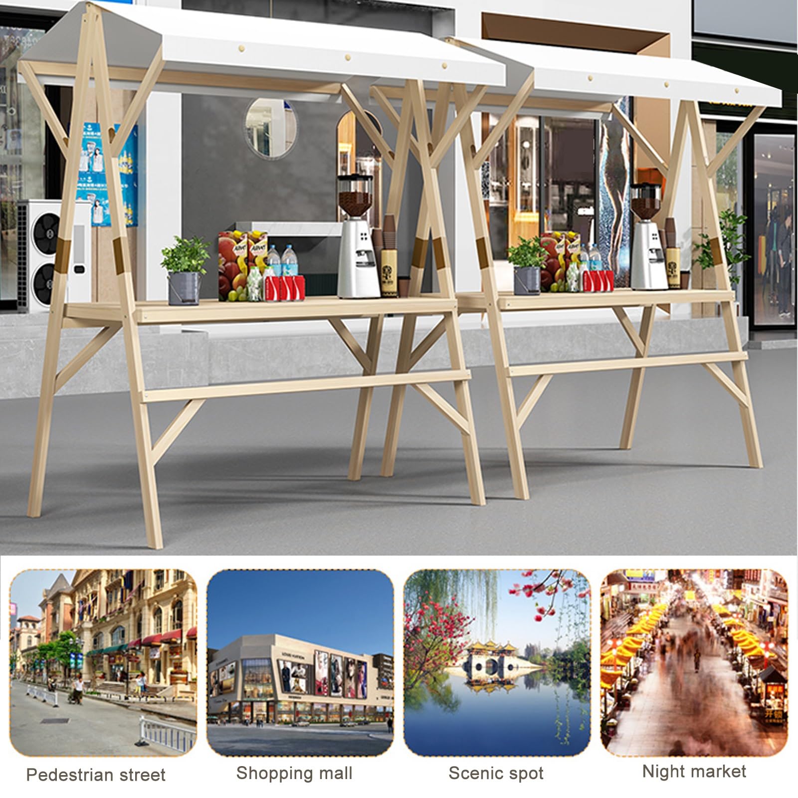 Mobile Marktstand Verkaufsstand, Tragbarer Wagen Mit Gestreiftem Sonnendach, Verkaufsstände Mit LED-Beleuchtung Für Märkte, Streetfood(White,150cm/59in)