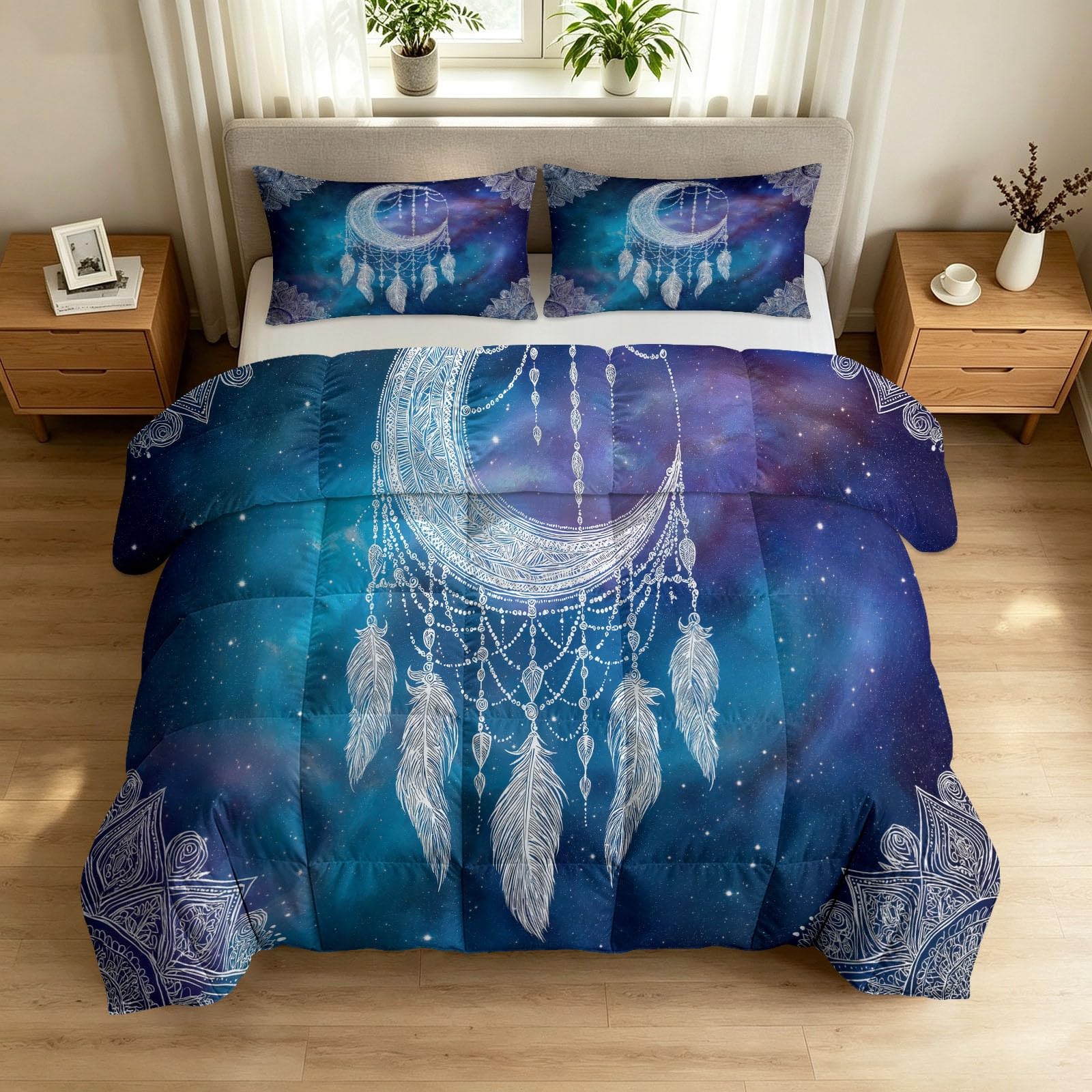 Edredón de 200x200 cm azul lavable con dos fundas de almohada de atrapasueños