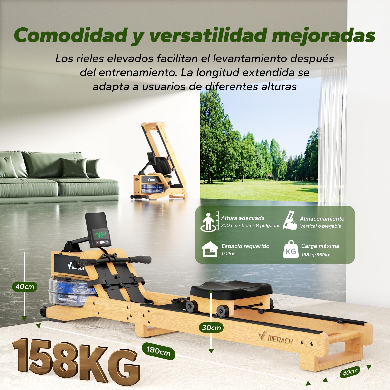 MERACH Máquina de Remo Plegable, Roble Rojo y Asiento cómodo, con aplicación Exclusiva, Mapa Interactivo y Juegos, Experiencia de Remo inmersiva, retroiluminación LED (R23O1)