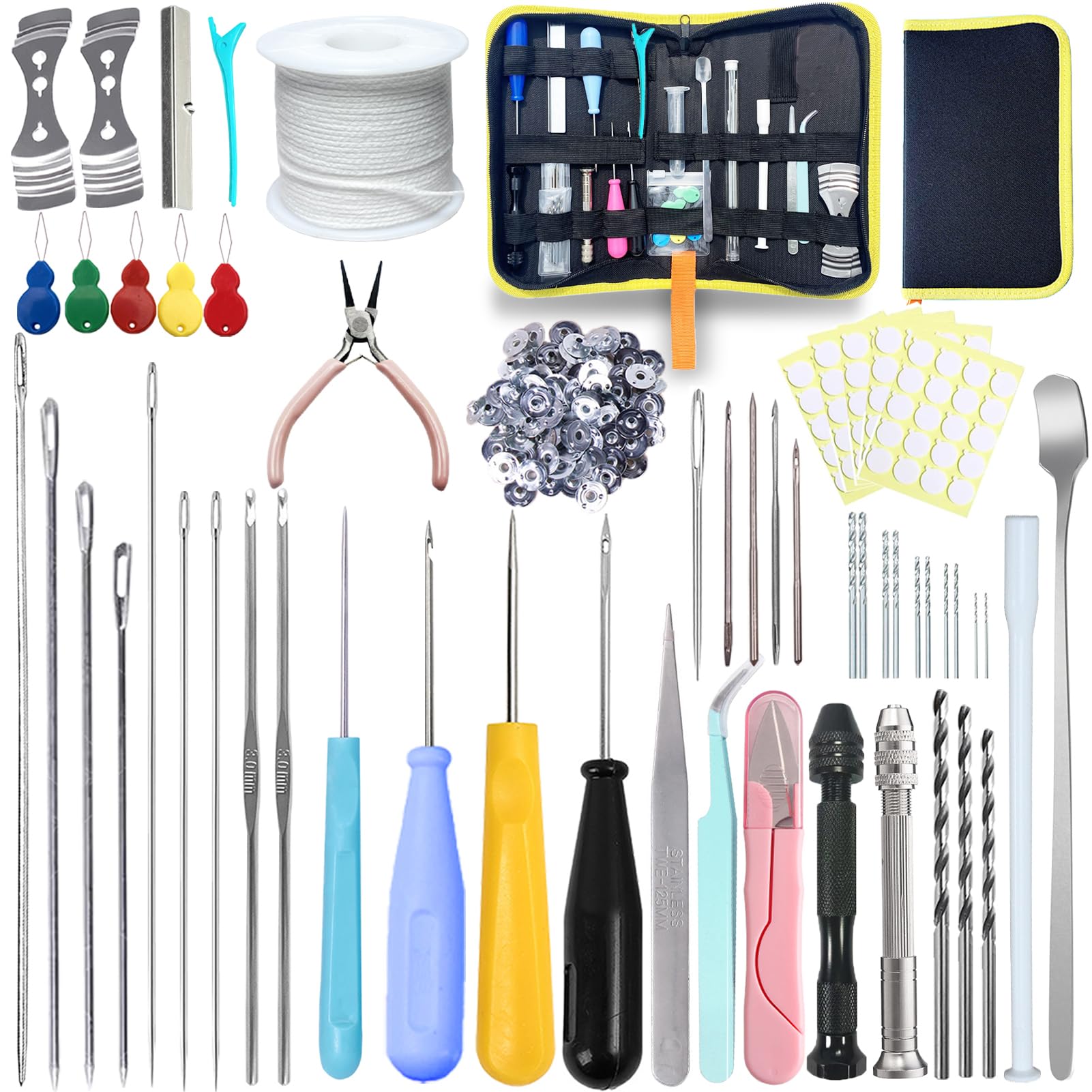 155PCS Adjustable Candle Hole Drill Needle with Candle Wick Roll 200 Ft,Candle Making Kits to Insert Wick in Silicone Molds,Mold Hook &amp; Eye Punch Needle,Big Hole Long Needle,Stickers,Center Holder