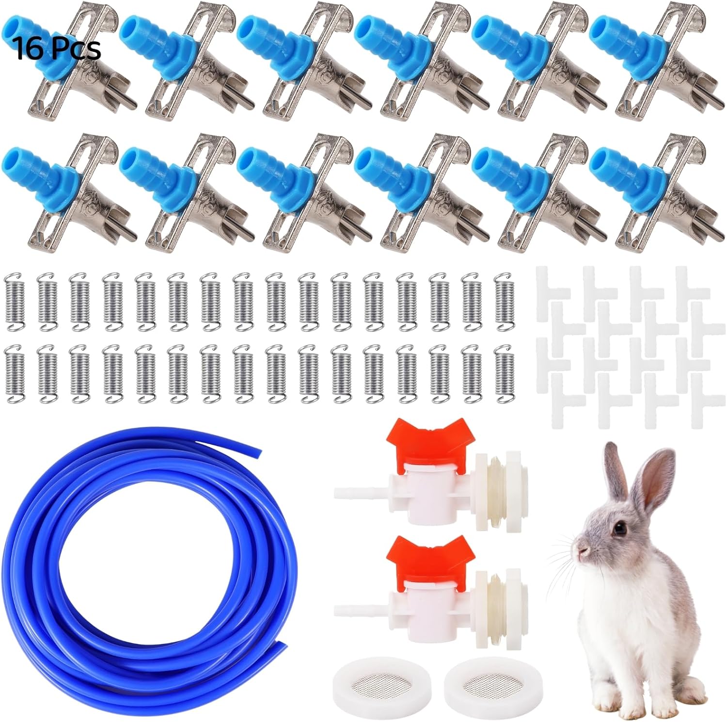 for Rabbits, Automatic Watering Kit, with T-Fittings, Springs, and Gaskets, Barb Fittings to G1/2 Thread Connectors, Nipple Drinkers, 5/16 in Hose, an Automatic Rabbit Watering System