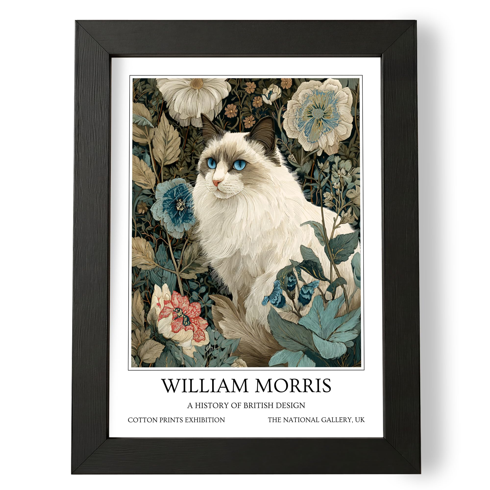 Fans Favourites William Morris - Cat Prints Vintage Art Noevua British Prints, Botanical Wall Art, A History of British Design Collection (White Ragdoll Cat, A3, Framed)