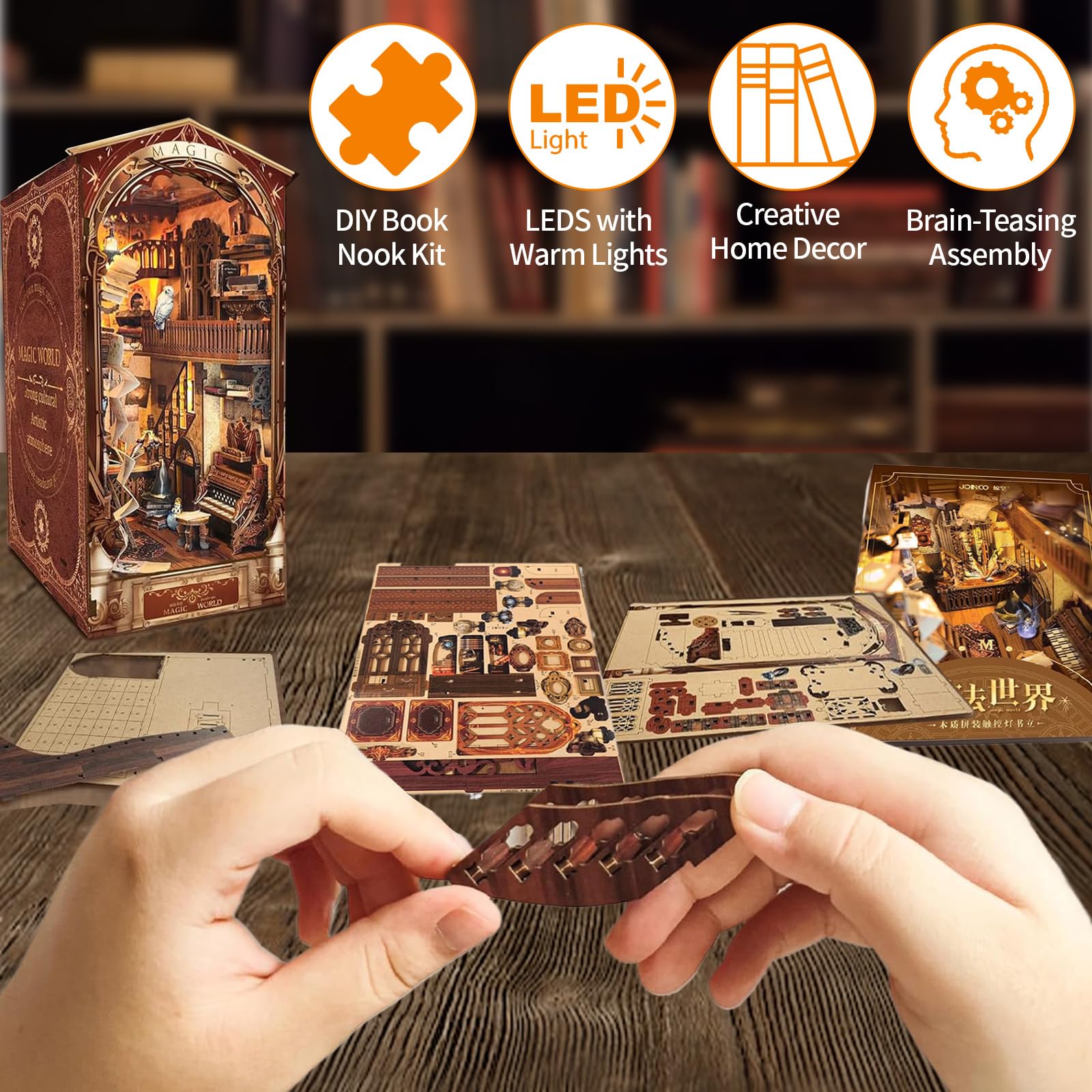 Mondo Magico Book Nook Kit DIY z LED i Coperchio Antipolvere, Fermalibri Puzzle 3D Legno