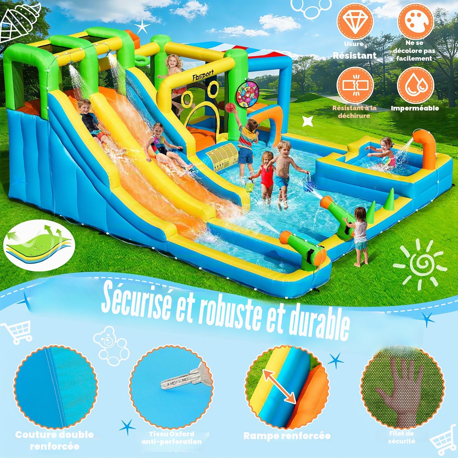 Château Gonflable Grand avec 2 Toboggans d’Eau pour Enfants, Parc Aquatique Gonflable avec Trampoline, Piscine, Panier de Basket et Mur d’Escalade, Usage Intérieur et Extérieur 445 x 403 x 200 cm