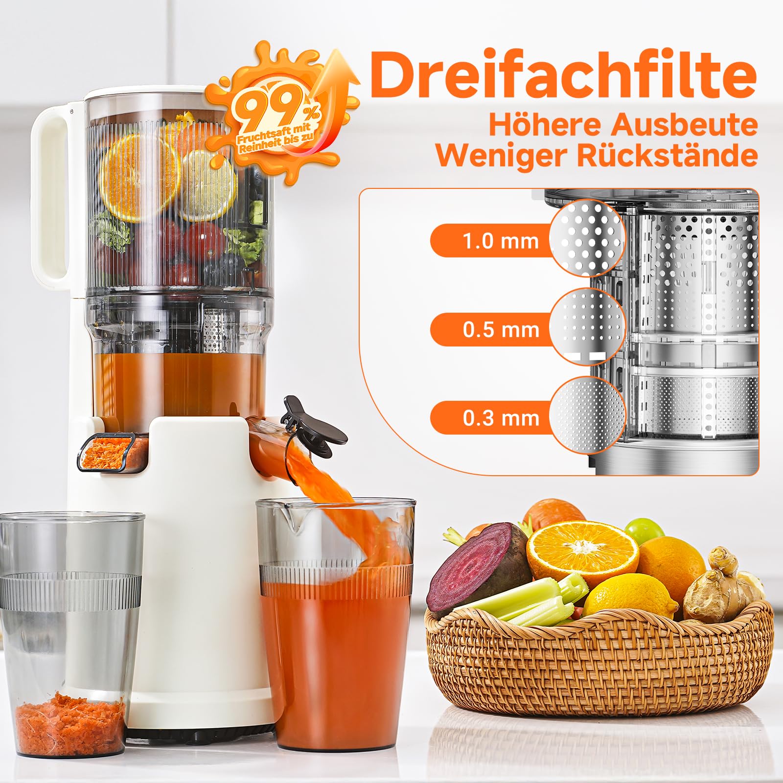 AOBOSI Slow Juicer mit 135 mm großer Einfüllöffnung, 200 W Kaltpress Entsafter mit Rückwärtslauf & Dreifachfilter, BPA-frei & leise, ideal für frischen Saft aus Obst und Gemüse