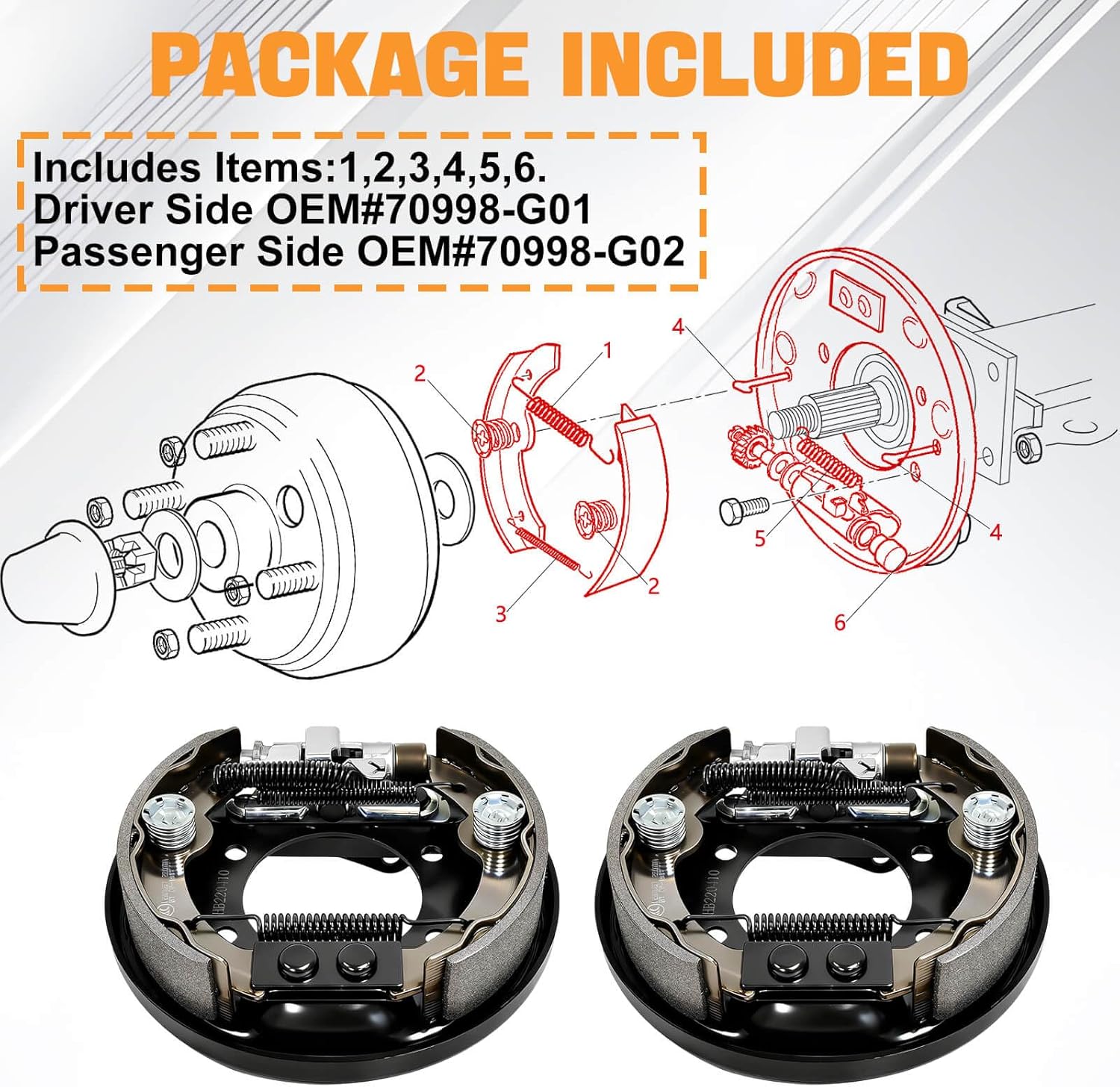 MOSNAI Golf Cart Brake Assembly for EZGO TXT PDS and Yamaha G14 G16 G19 G20 G21 G22, Driver and Passenger Side Brake Assembly Include EZGO TXT Brakes Shoes, OEM# 70998-G01 70998-G02