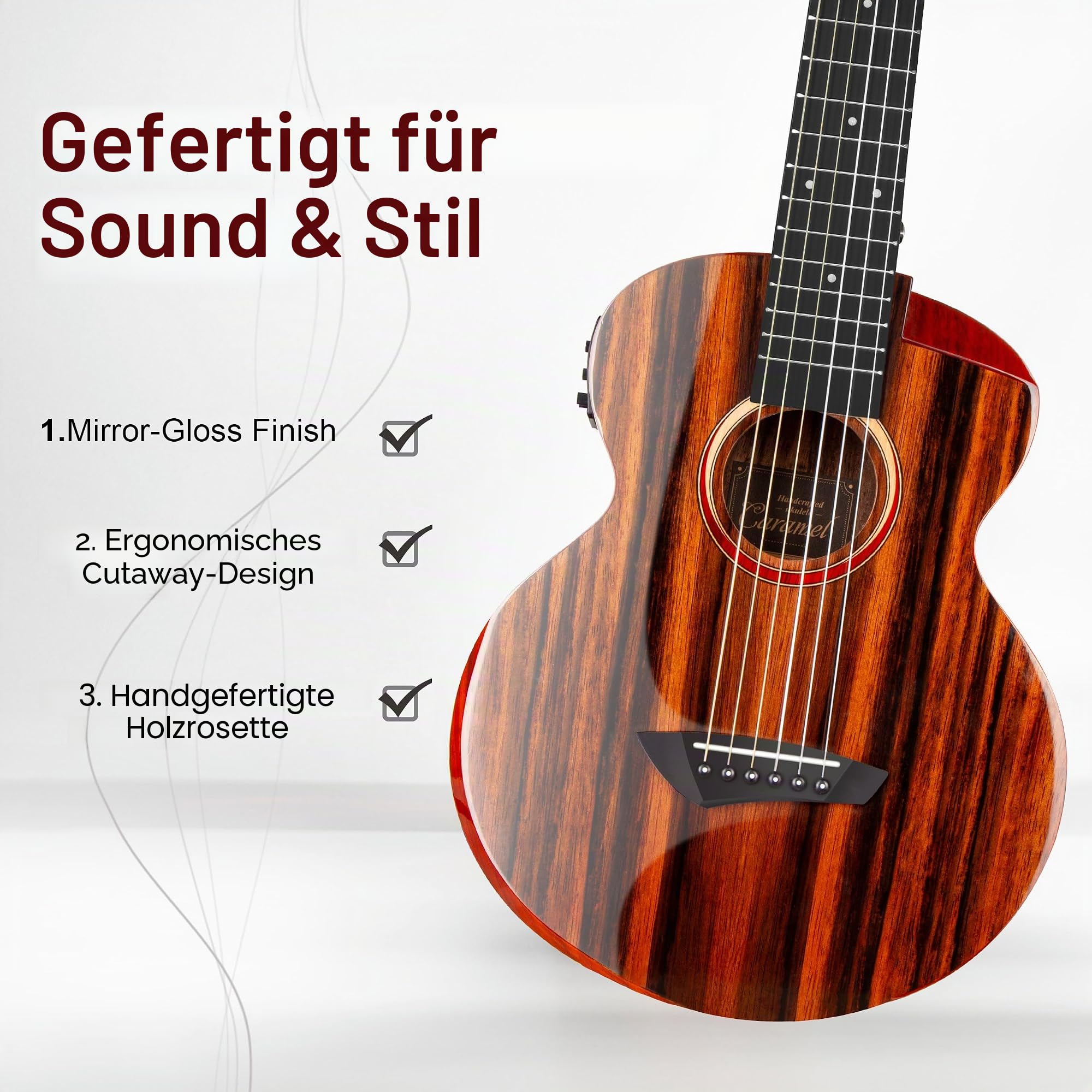 Caramel GEG91 Gitarrengitarre mit Cutaway, Ebenholz, glänzend, 76,2 cm | Handgefertigtes professionelles akustisches und elektrisches Gitarrenset mit Zubehör für Reisen