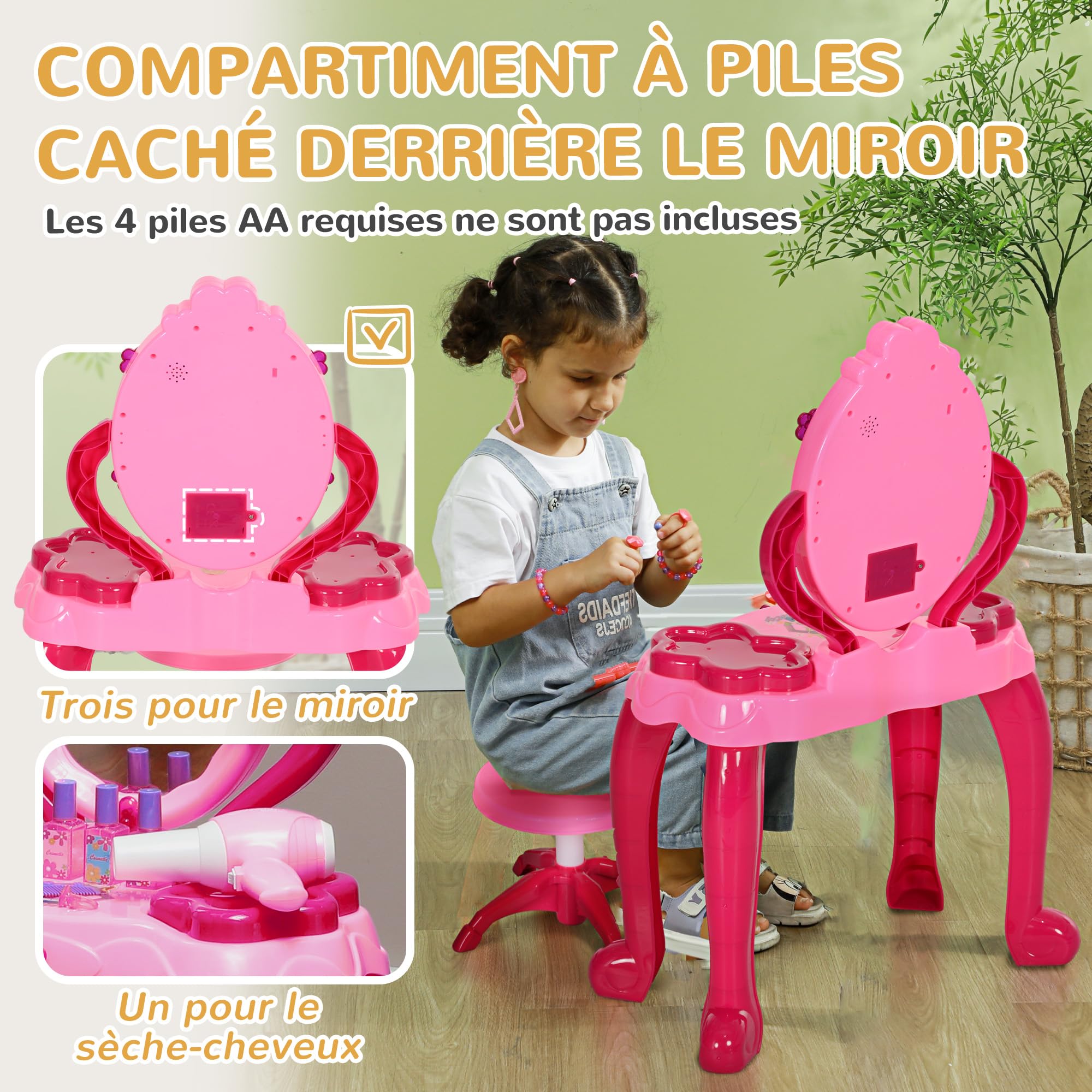 AIYAPLAY Toeletta per bambini con specchio pieghevole in tre e sgabello, tavolo da trucco per bambini, scrivania per trucco con cassetto, per bambini dai 3 agli 8 anni, rosa