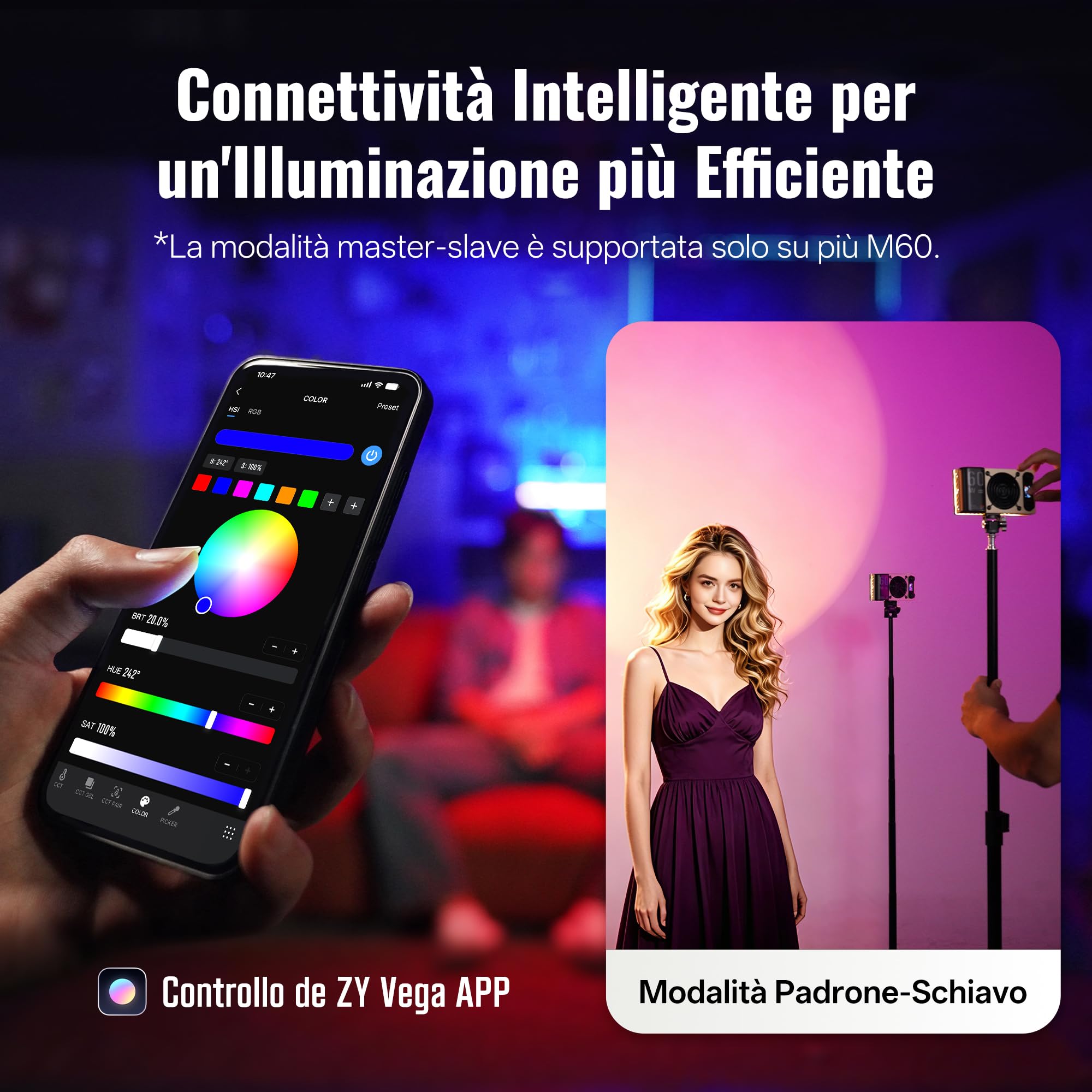 ZHIYUN FIVERAY M60 Ultra 60W RGB Luce Video [Ufficiale] Luce Portatile per Fotocamera con Cold Shoe, Magnetic Mount, Controllo APP&Padrone-Schiavo, 2500K~10000K, per DSLR Foto Illuminazione, 430g