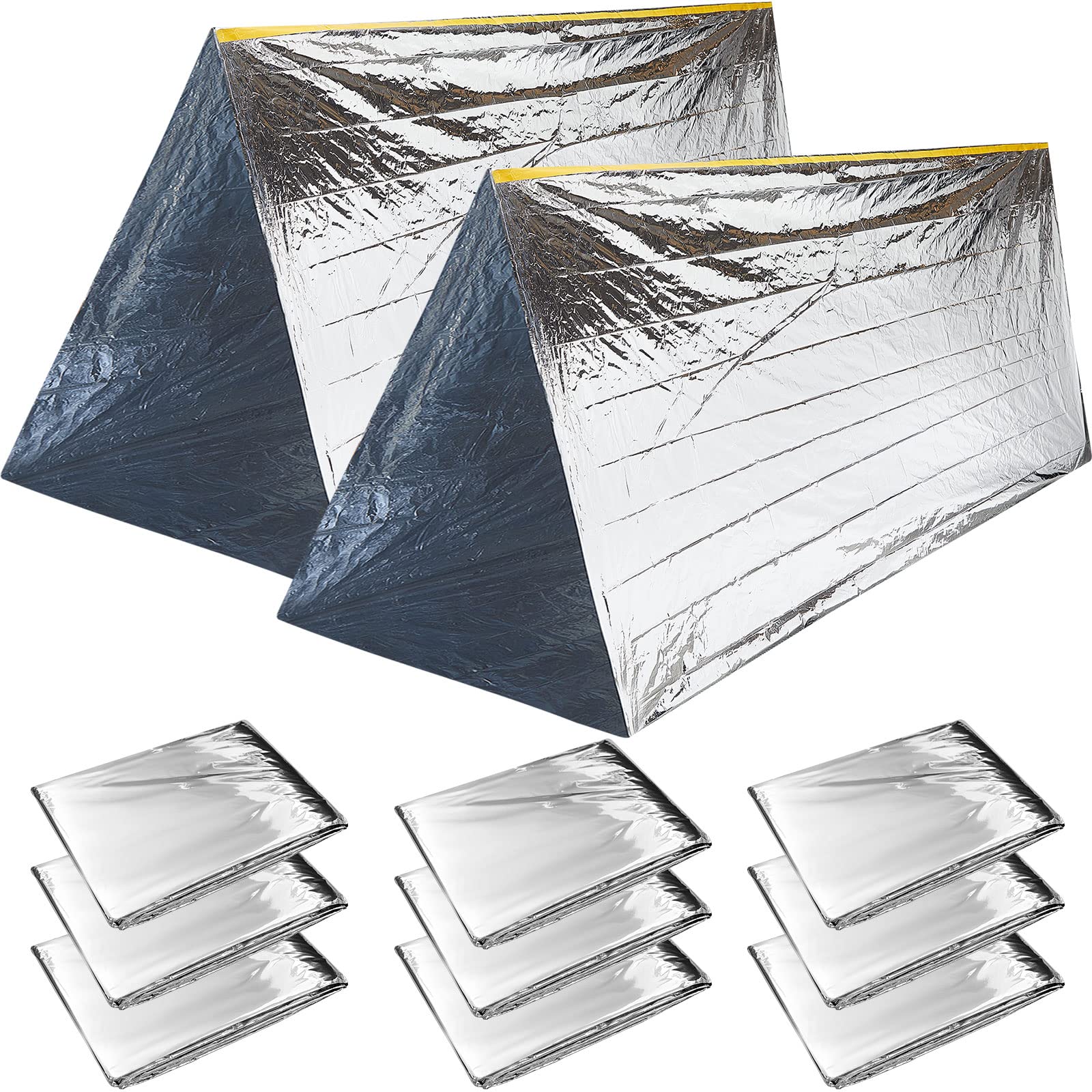 10 Pcs Emergency Tent Survival Tent with Paracord,2-Person Emergency Shelter Lightweight Weatherproof Thermal Mylar Tube Tent 8 ft x 3 ft for Hiking, Camping, Outdoor Survival Gear Kits Silver