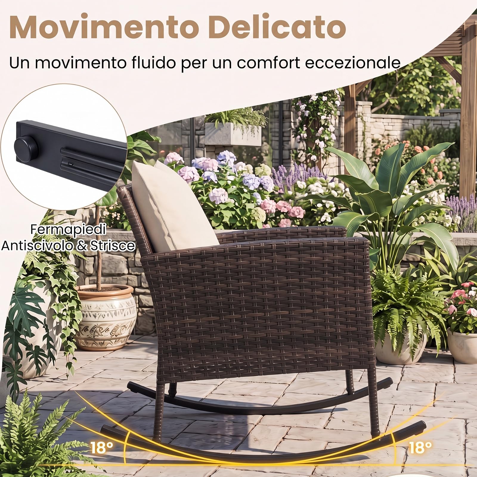 SOARS Salotto da Esterno 3 Pezzi in Rattan, Set Mobili da Giardino con 2 Poltrone a Dondolo, Tavolino da Caffè in Vetro Temperato e Comodi Cuscini con Fodera Lavabile, per Balcone, Cortile (Beige)
