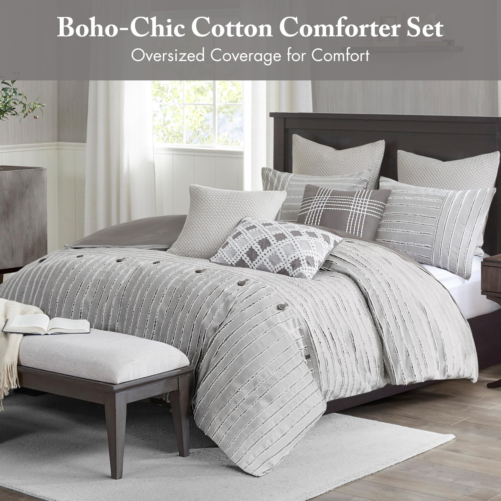 Madison Park King Comforter Set, Removable 100% Cotton Duvet Cover King Size with Insert, Farmhouse Bedding, Textured Stripe Clipped Jacquard Accent, King, Grey 9 Piece