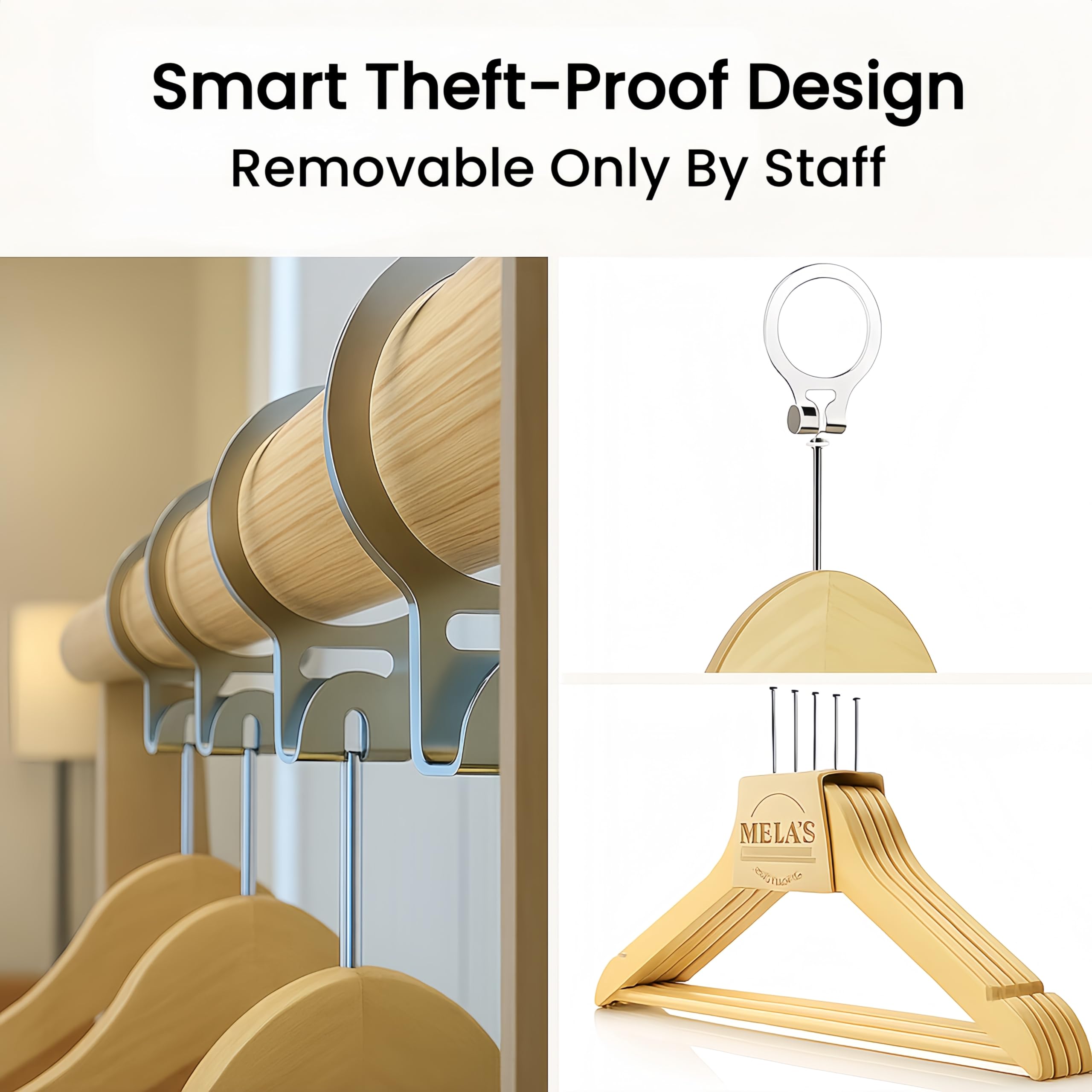 MELA'S Pack de 50 Perchas de Madera antirrobo con Anillo de Seguridad – Solo Desmontables por el Personal – para hoteles y Uso Profesional
