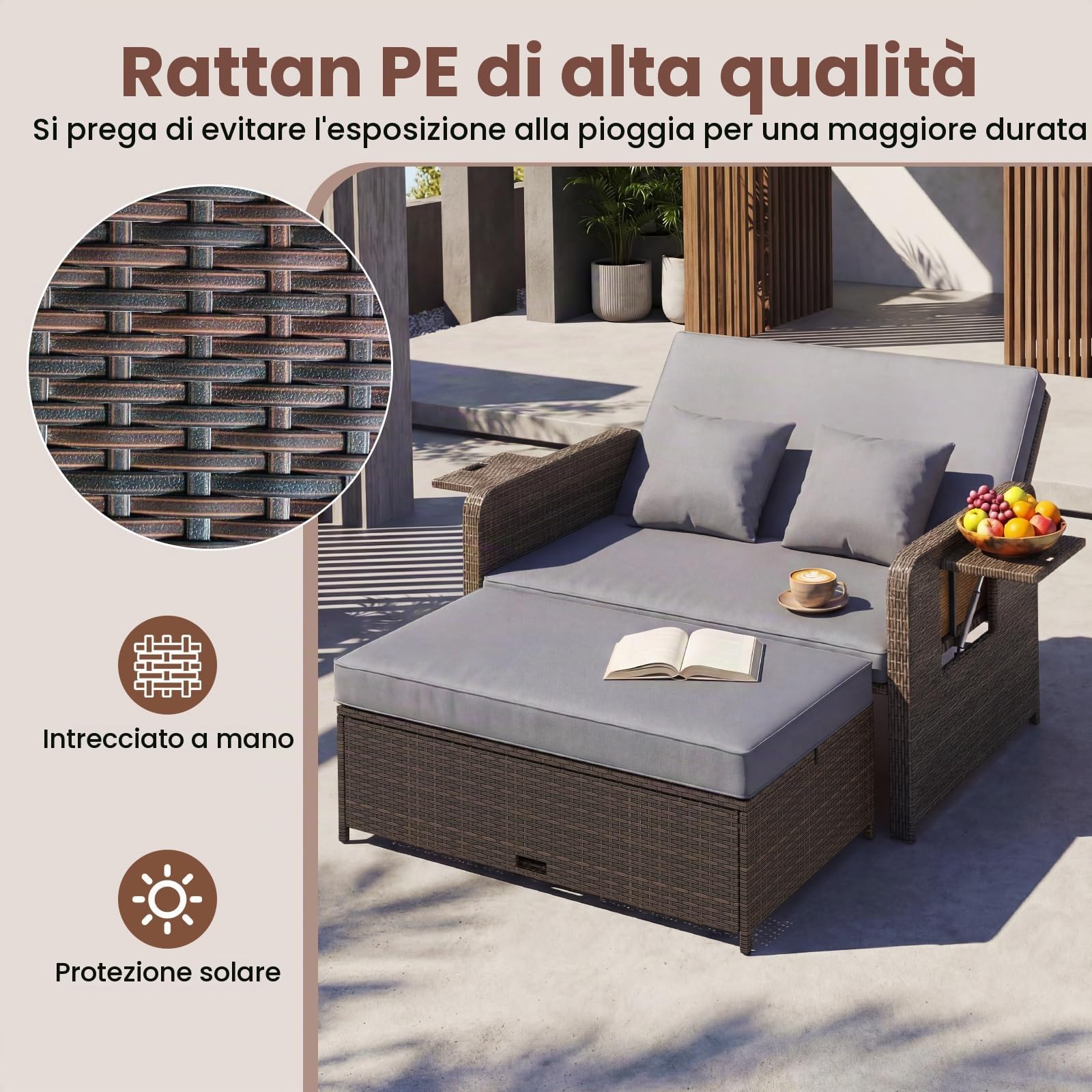 GIANTEX Divano da Giardino in Rattan con Poggiapiedi, Doppio Divano da Esterno con Schienale Regolabile, Mobili da Giardino per Terrazza, Balcone, Cortile