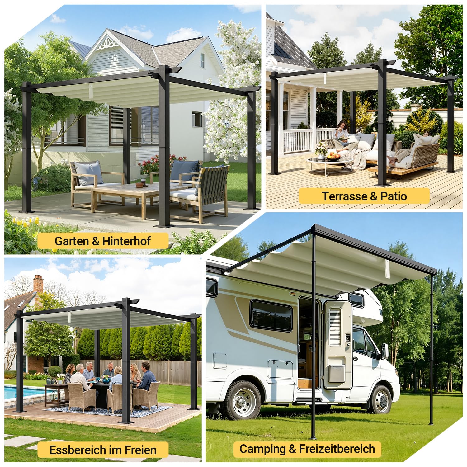 Ersatzdach für 3.65 x 4.85 m Pergola,wasserabweisend einziehbar Welle Überdachung,UV-Schutz 50+, NUR Schattenabdeckung 350 x 423 cm,Wetterfest,Sonnenschutz für pergola,Garten,Cremeweiß