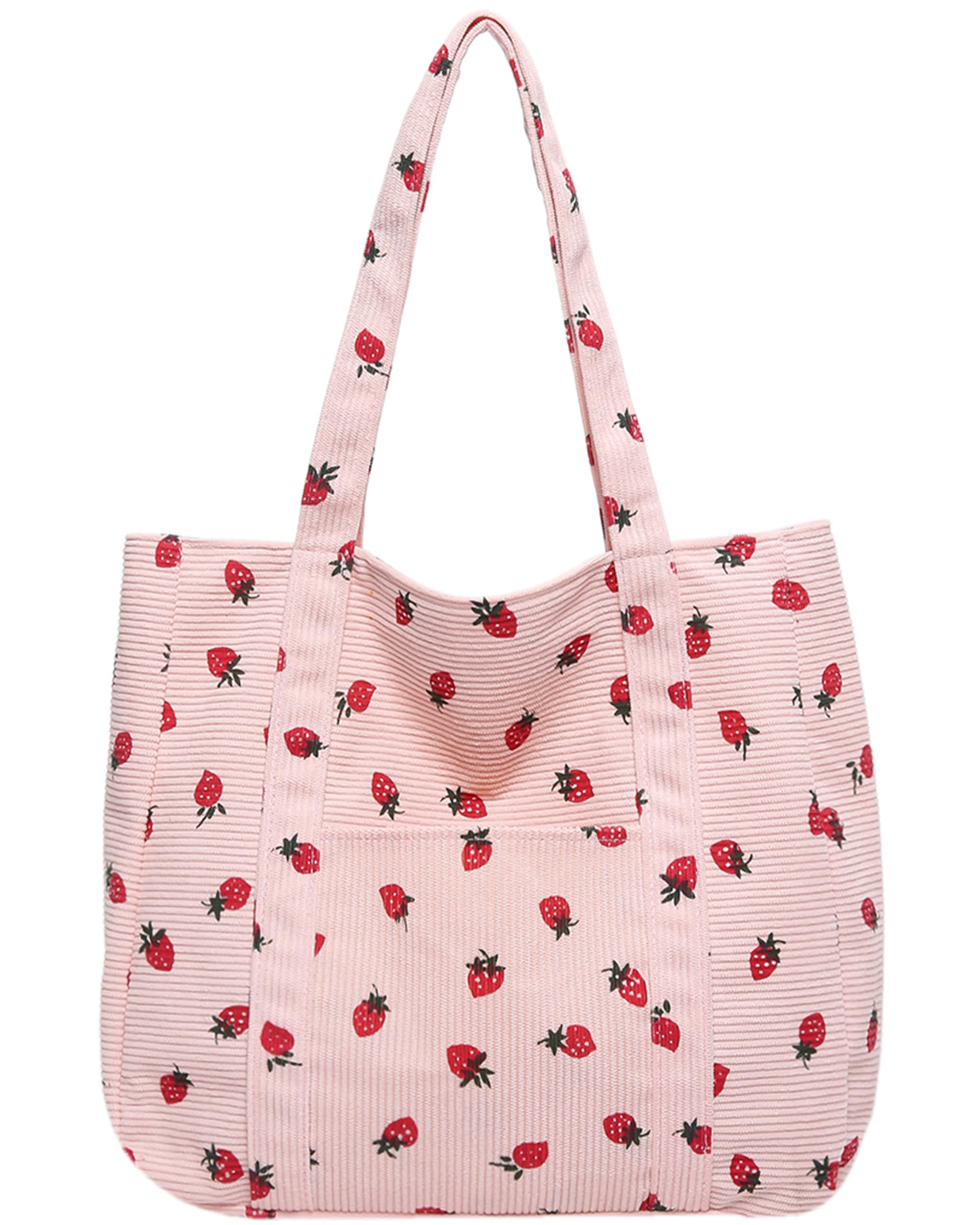 EFFUSON Strawberry Tote Bag for Women, Aesthetic Corduroy Tote Bags with Zipper, Cute Strawberries Bag Purse with Side Pocket