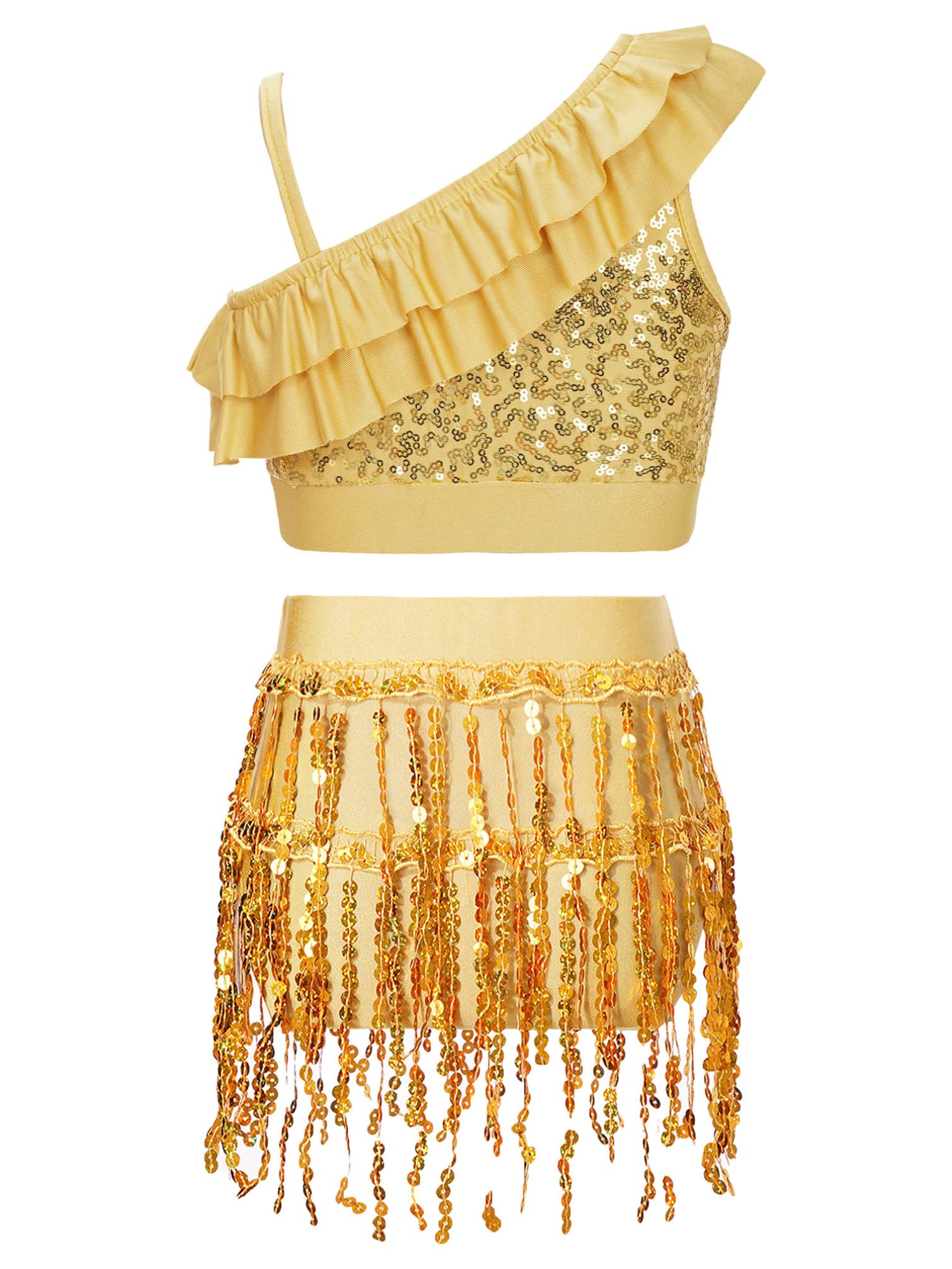 YiZYiF Ragazze Costume da Ballo con Paillettes 2 Pezzi Abito da Ballo Latino Americano Crop Top + Slip con Nappe