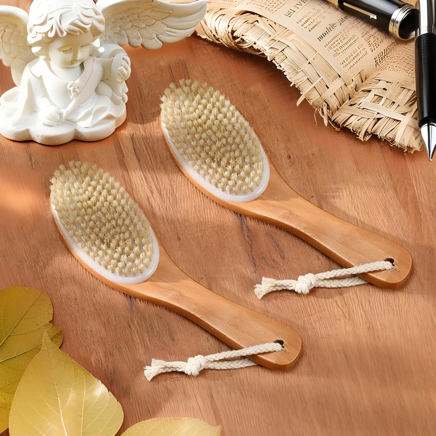 Trockenbürsten, Körperbürste, weiche Naturborsten, Peelingbürste mit konturiertem Holzgriff, für Lymphdrainage, Reinigung, Körperpflege, 6 Stück