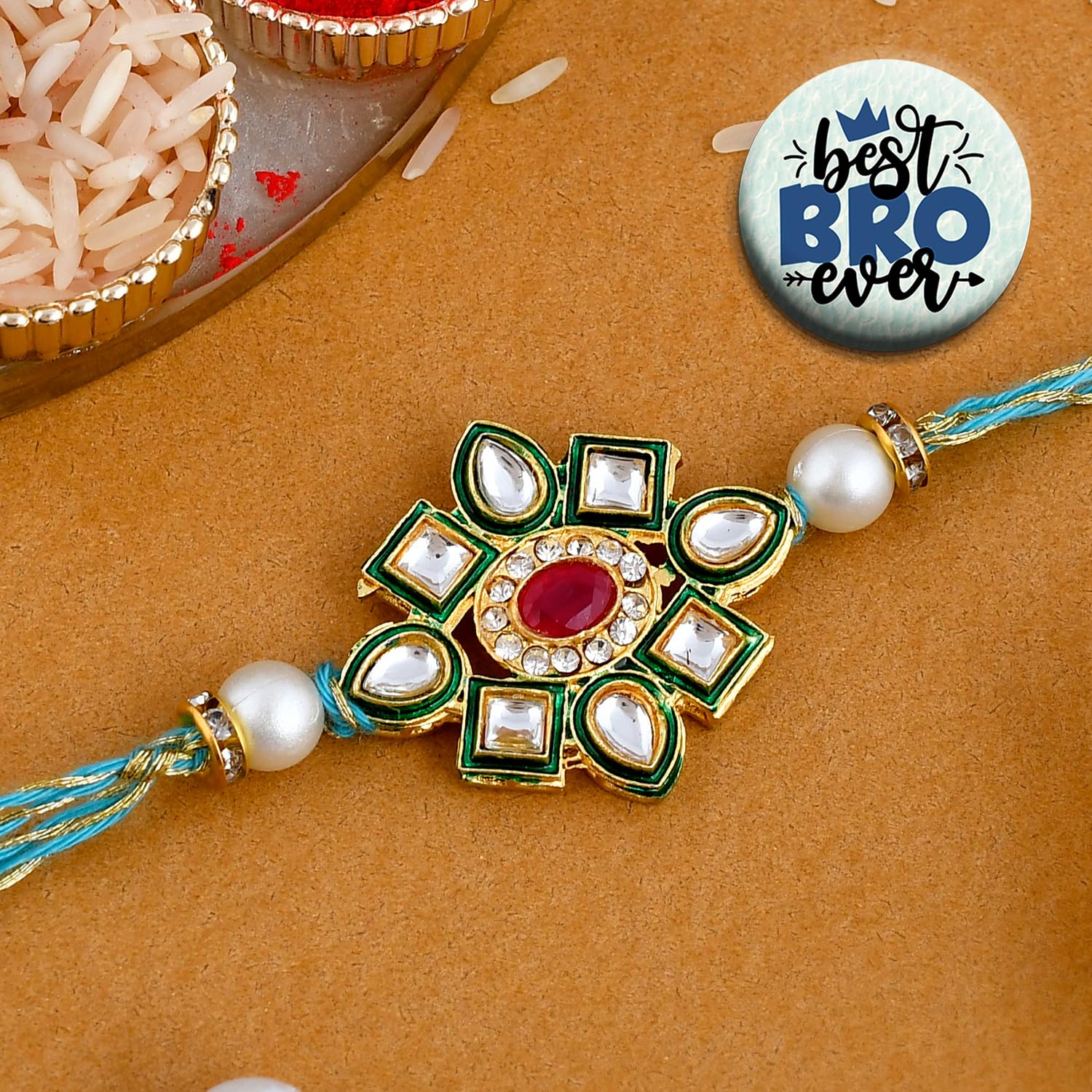 ascension Mens Handmade Kundan Green Flower Rakhi For Brother Bhaiya Bhabhi Raksha Bandhan Gift Band Moli Bracelet Stone Pearl Rakhi With Roli Tilak & Best Brother Fridge Magnet-picture-2